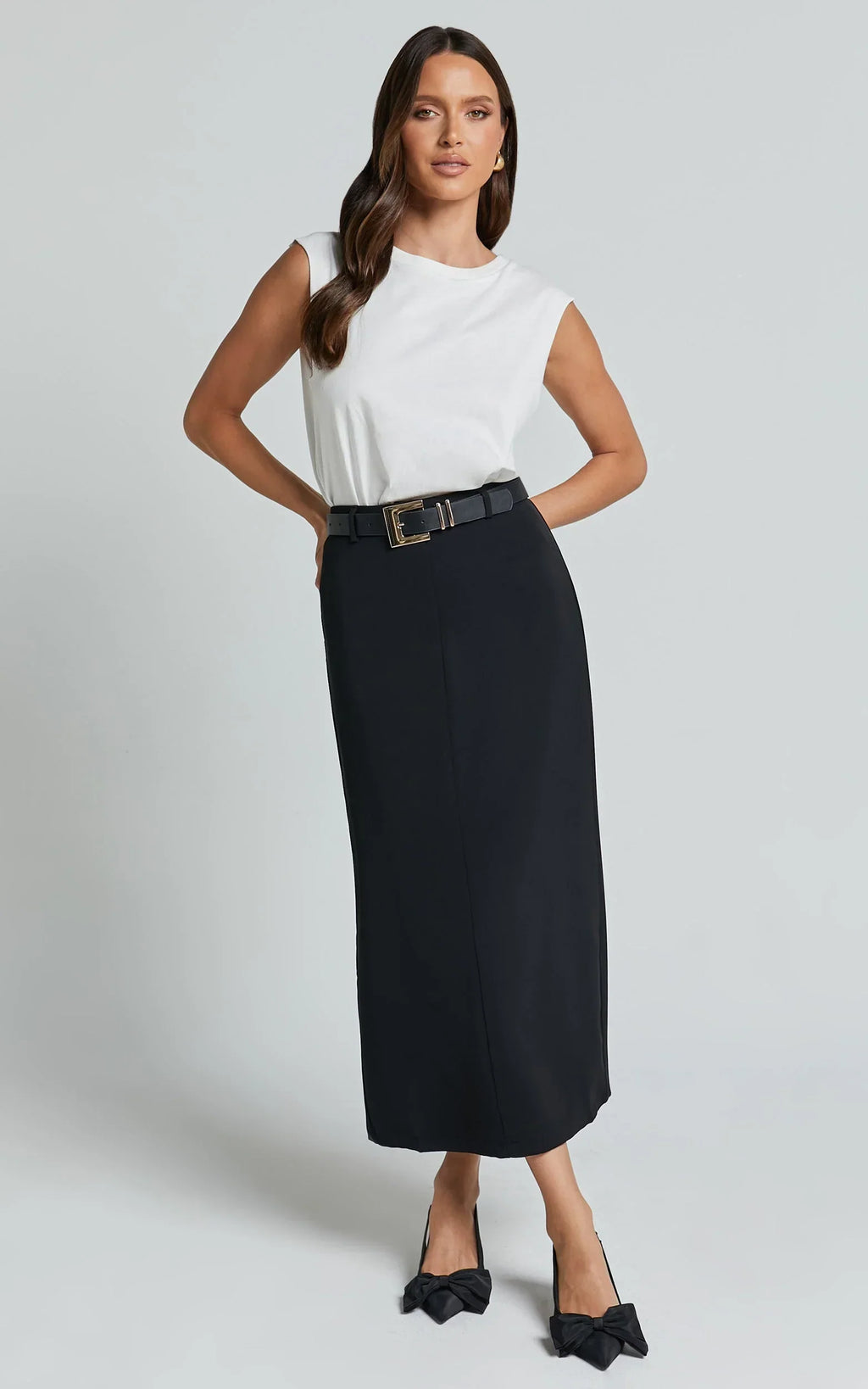 Alanna Midi Skirt - High Waisted Back Split Pencil Skirt in Black