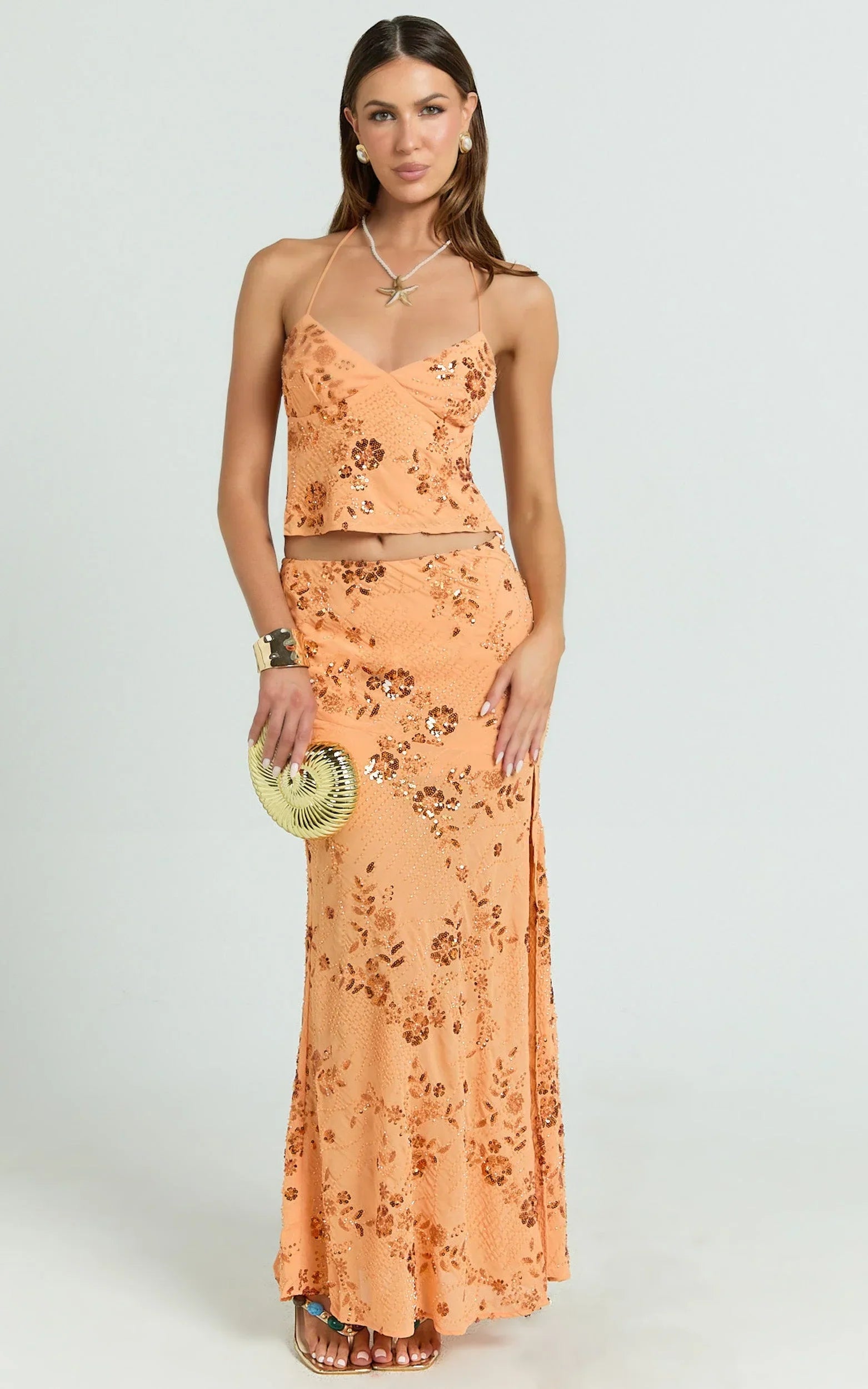 Rowena Maxi Skirt - Low Waisted Beaded Sequin Skirt in Orange