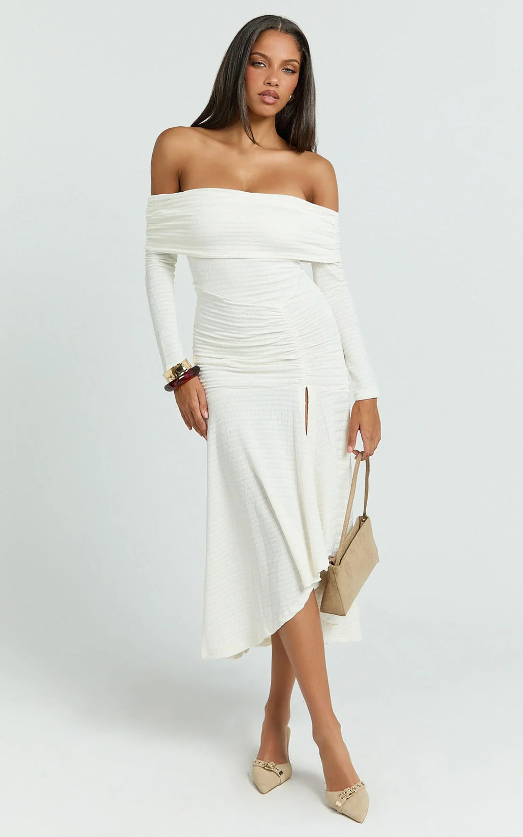 Carissa Midi Dress - Off Shoulder Long Sleeve Flounce Skirt Jersey Dress in Ivory
