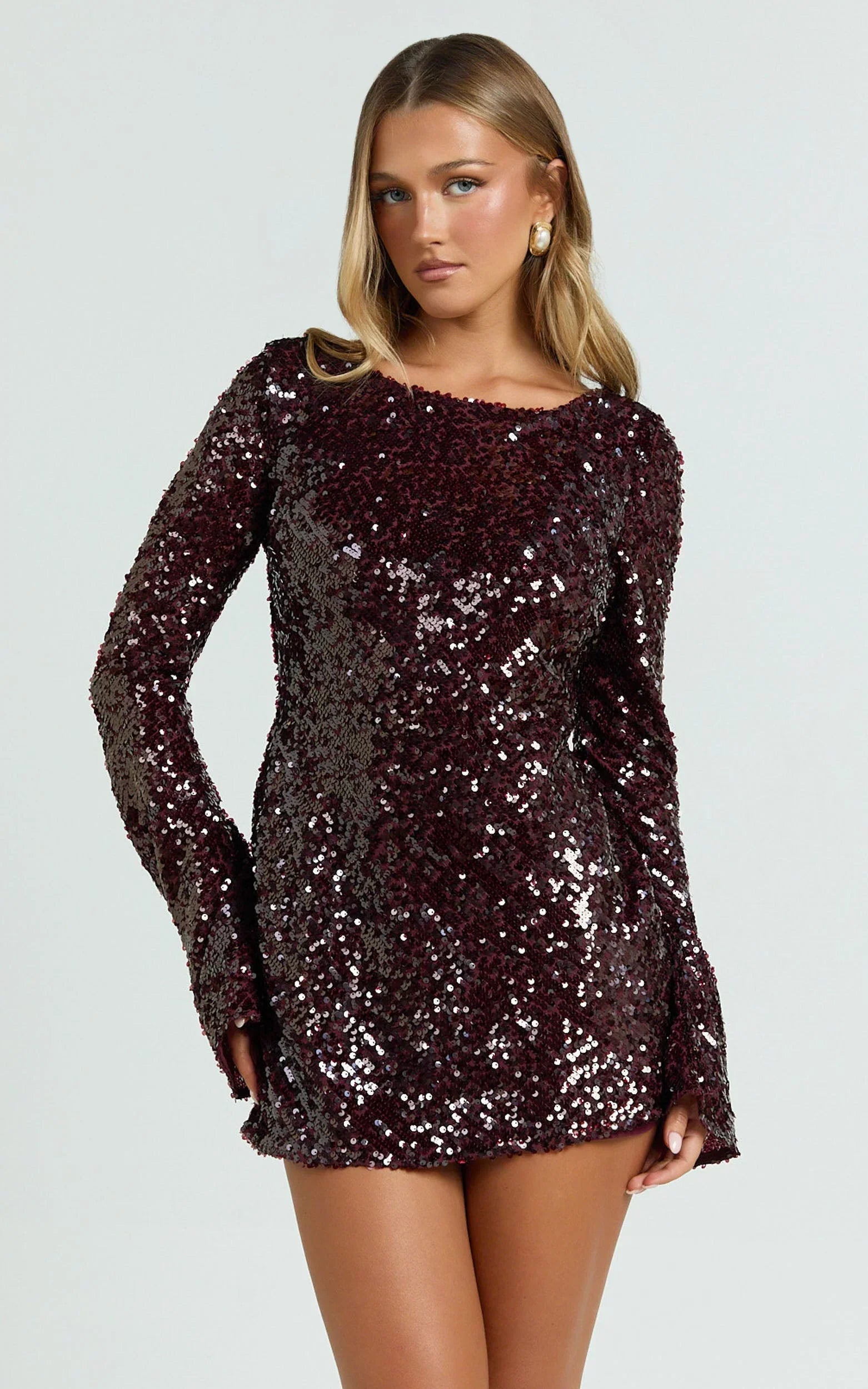 Bertina Mini Dress - Sequin Scoop Neck Low Back Dress in Wine