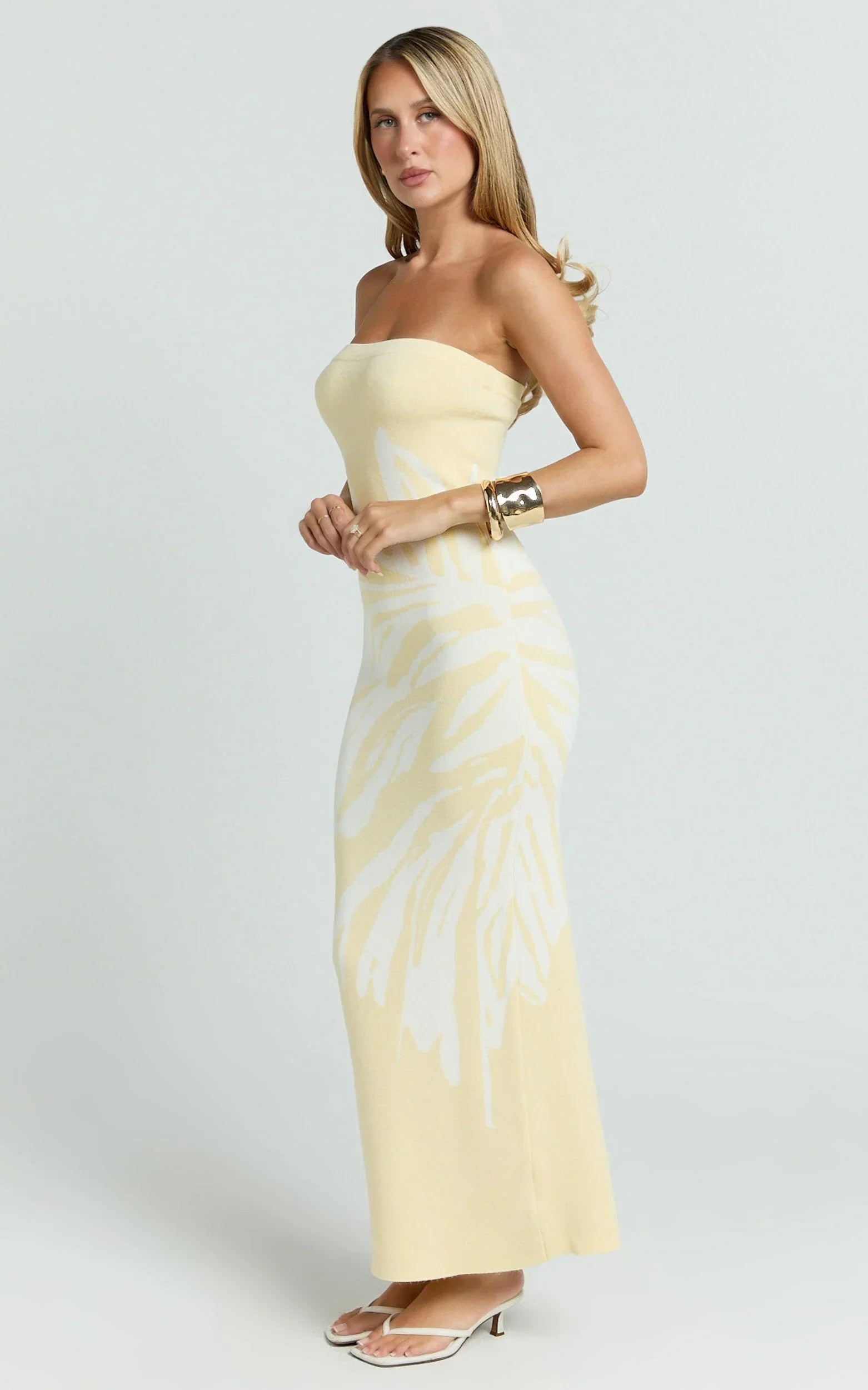 Rema Maxi Dress - Intarsia Floral Strapless Knitted Dress in Lemon