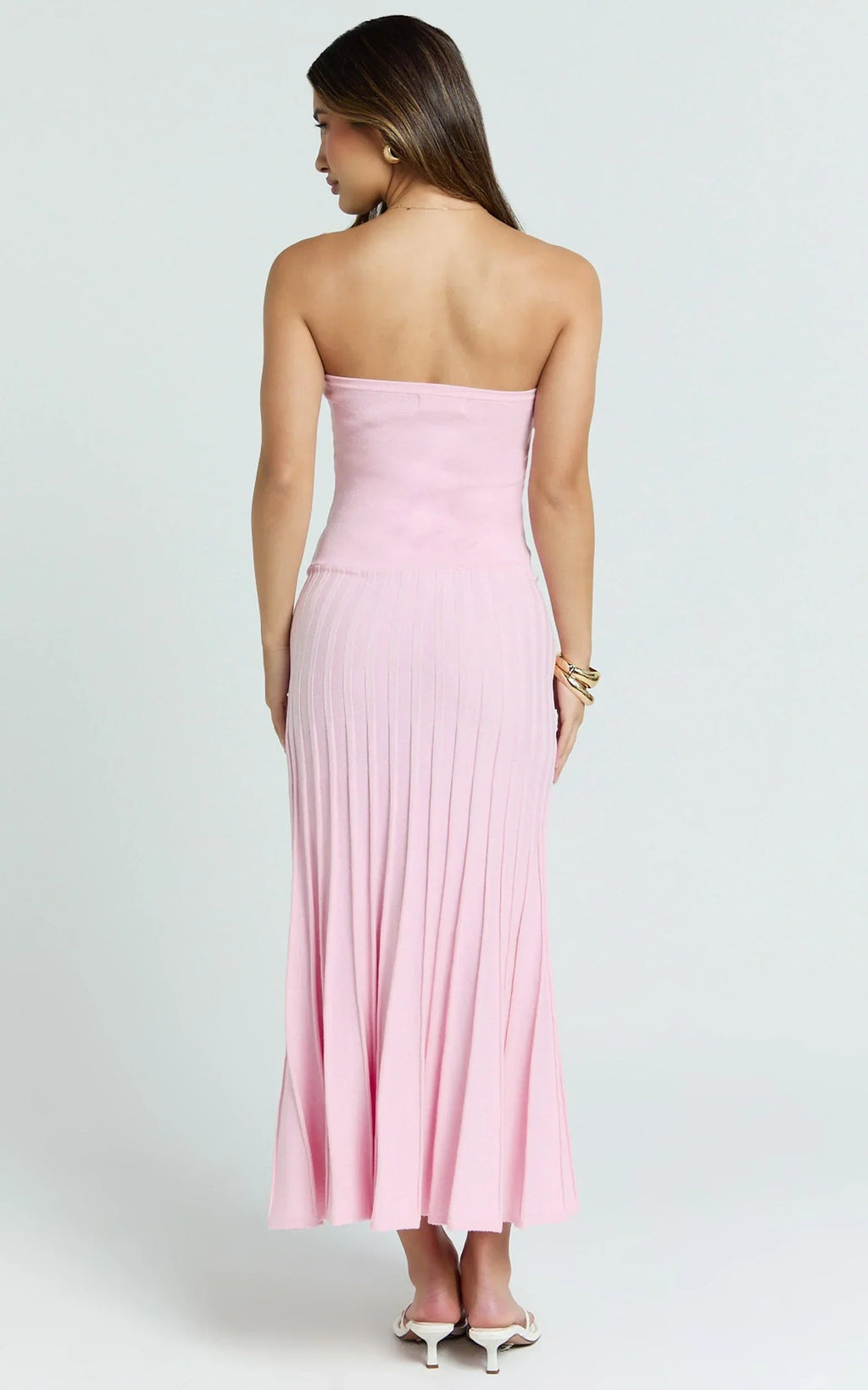 Paris Midi Dress - Strapless Drop Waist Pleated Knit Dress in Pink
