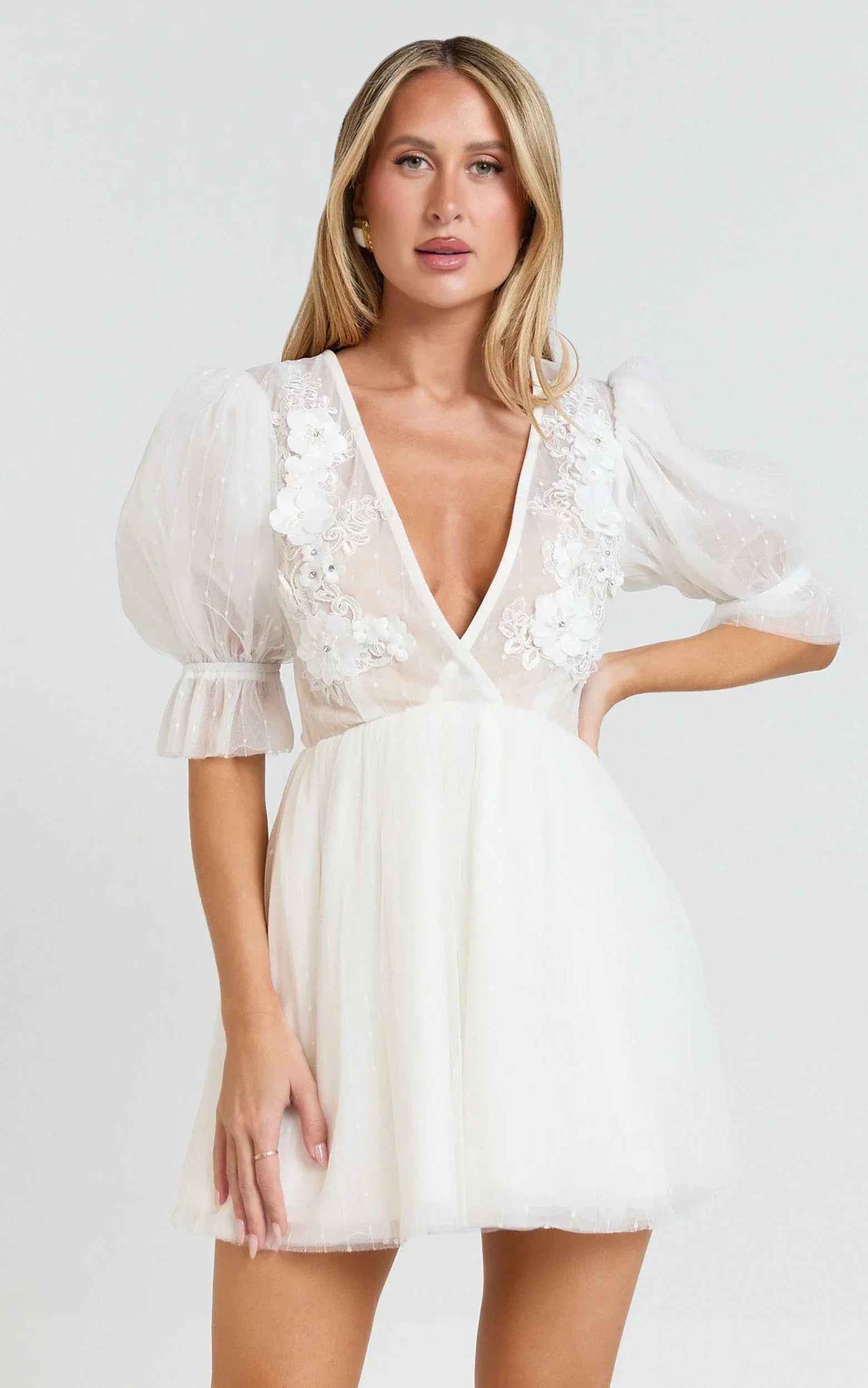 Akshia Mini Dress - Puff Sleeve Floral Detail Plunge Neck Dress in White
