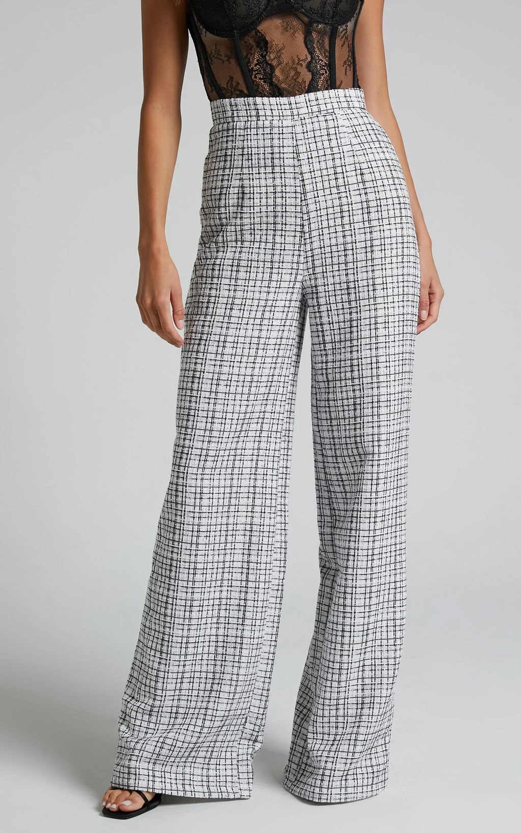 Icie Pants - High Waisted Tweed Wide Leg Pants in White & Black