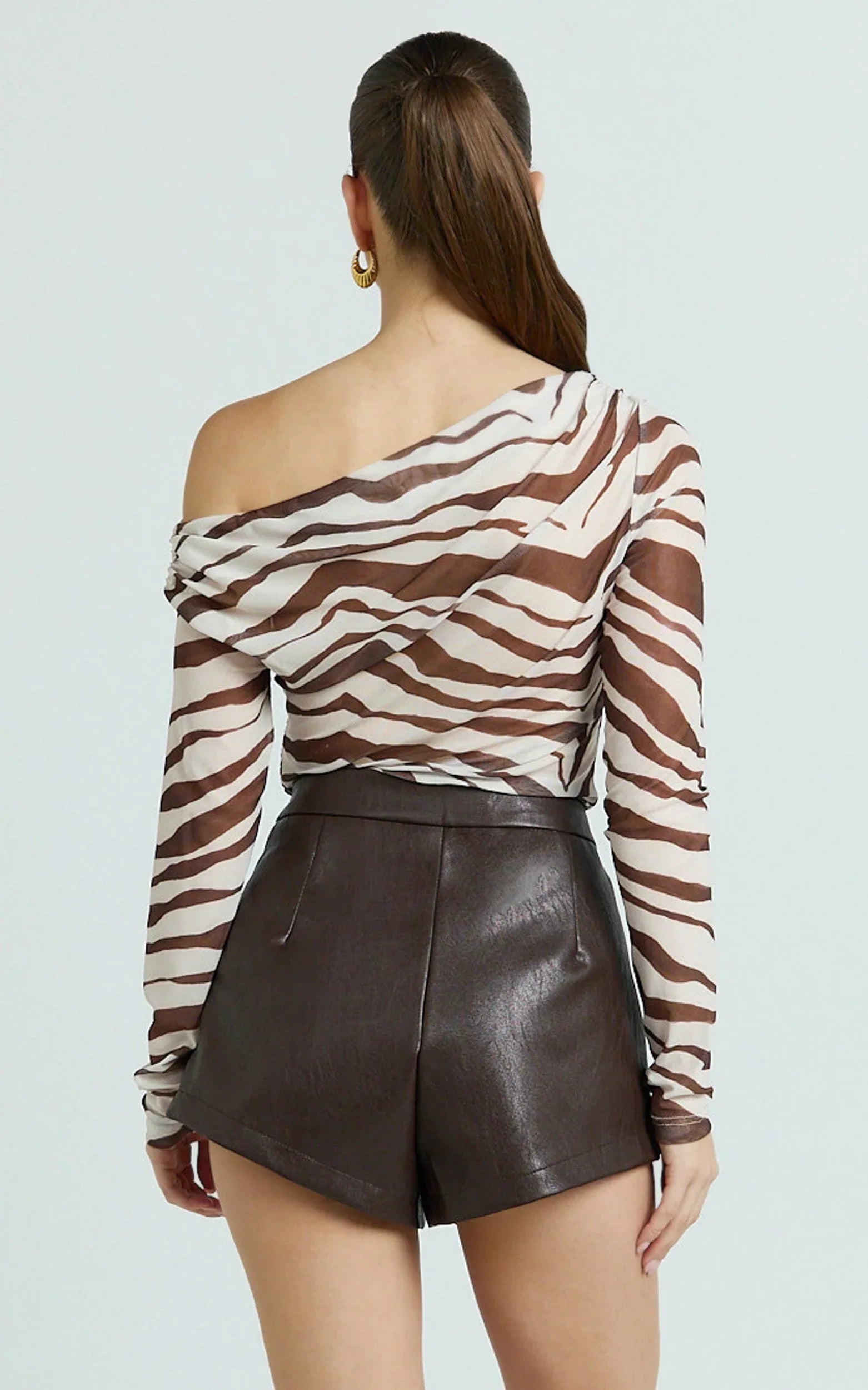 Gwendolyn Top - Zebra Sheer One Shoulder Long Sleeve Top in Dark Brown