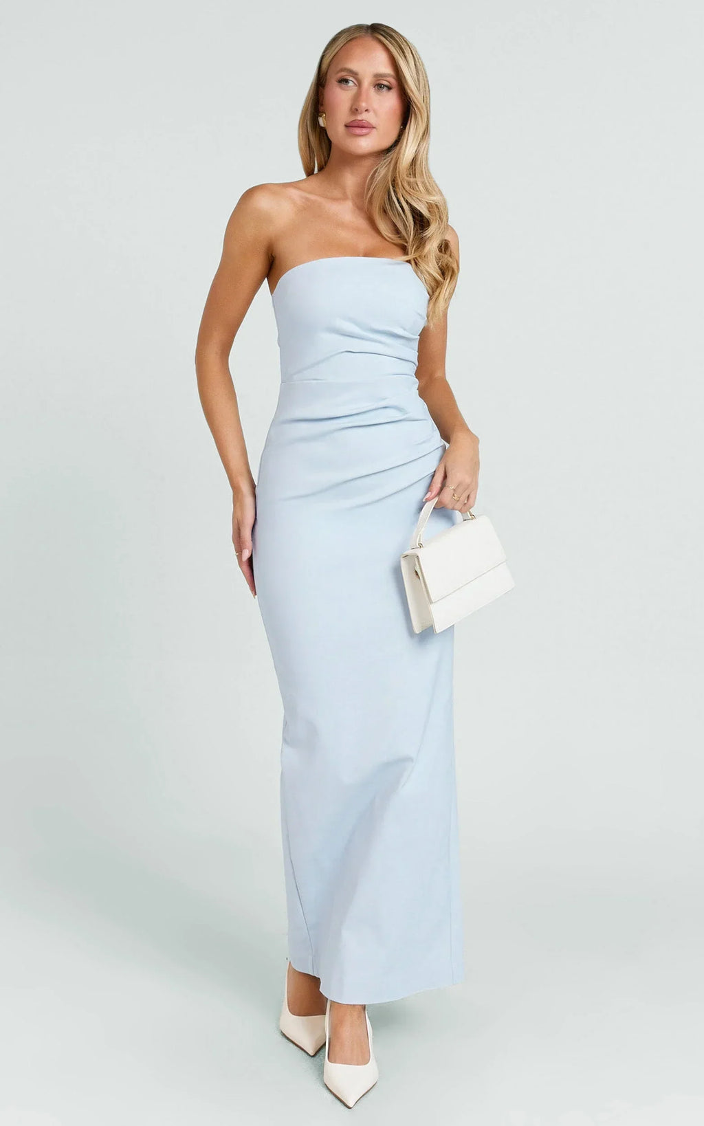 Jamie Midi Dress - Strapless Ruched Fitted Column Dress in Blue