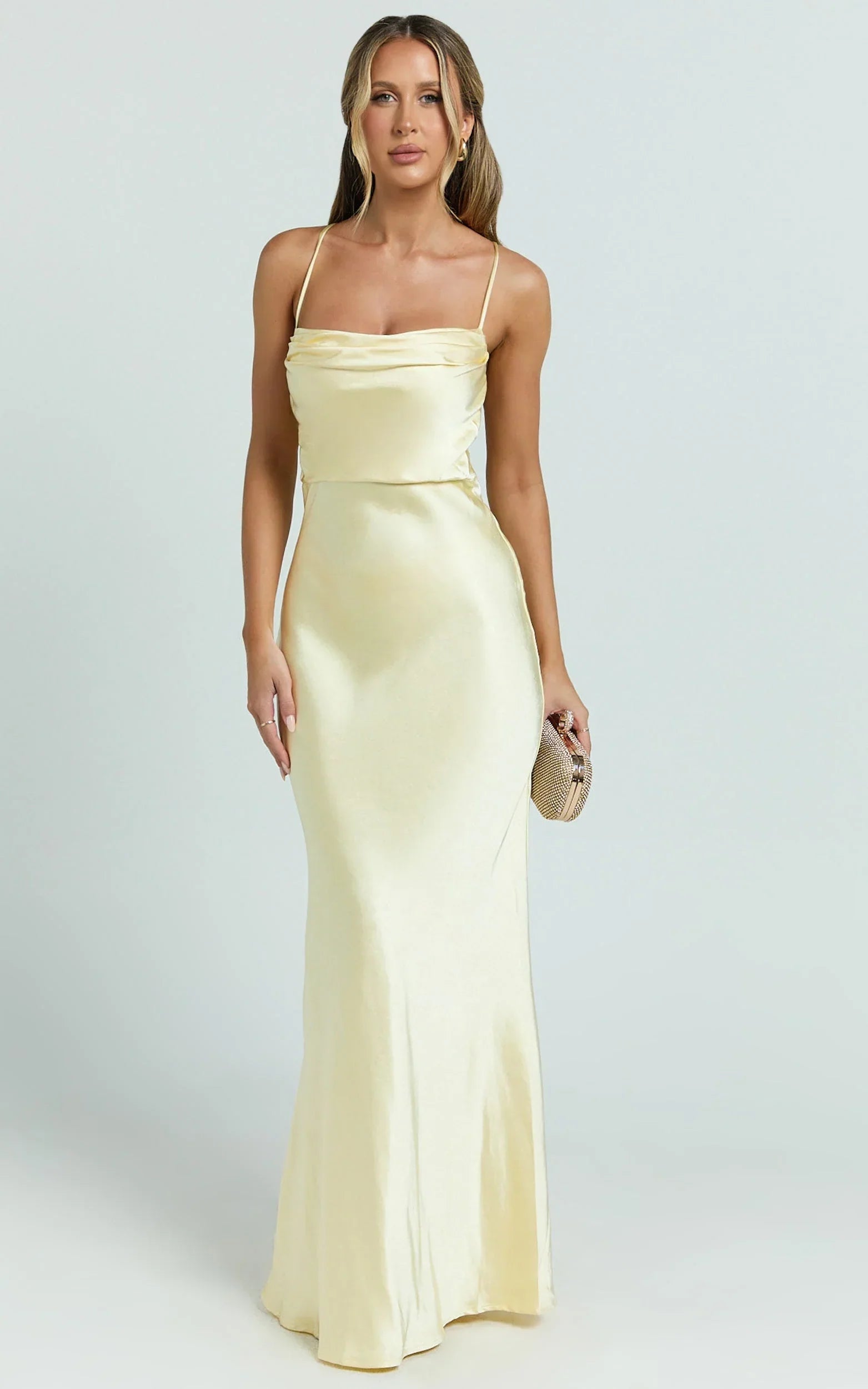 Hanna Maxi Dress - Satin Cowl Neck Low Back Dress in Lemon