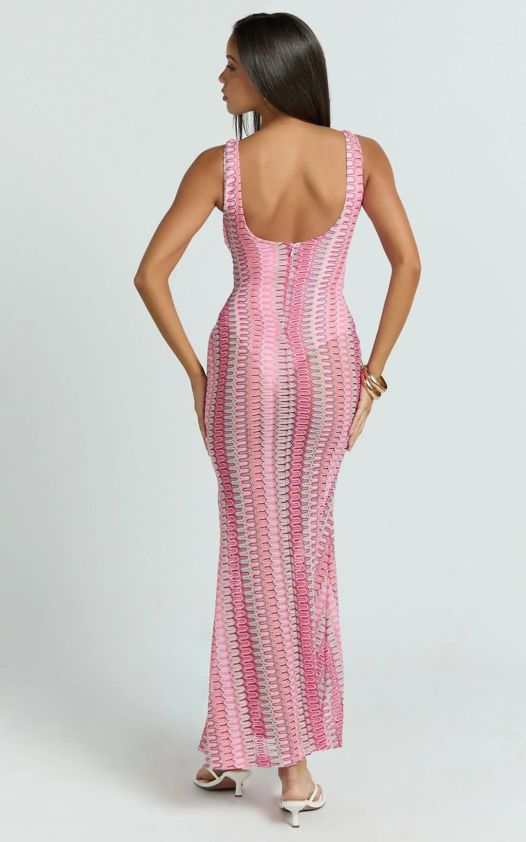 Julia Maxi Dress - Scoop Neck Low Back Bodycon Dress in Bright Pink