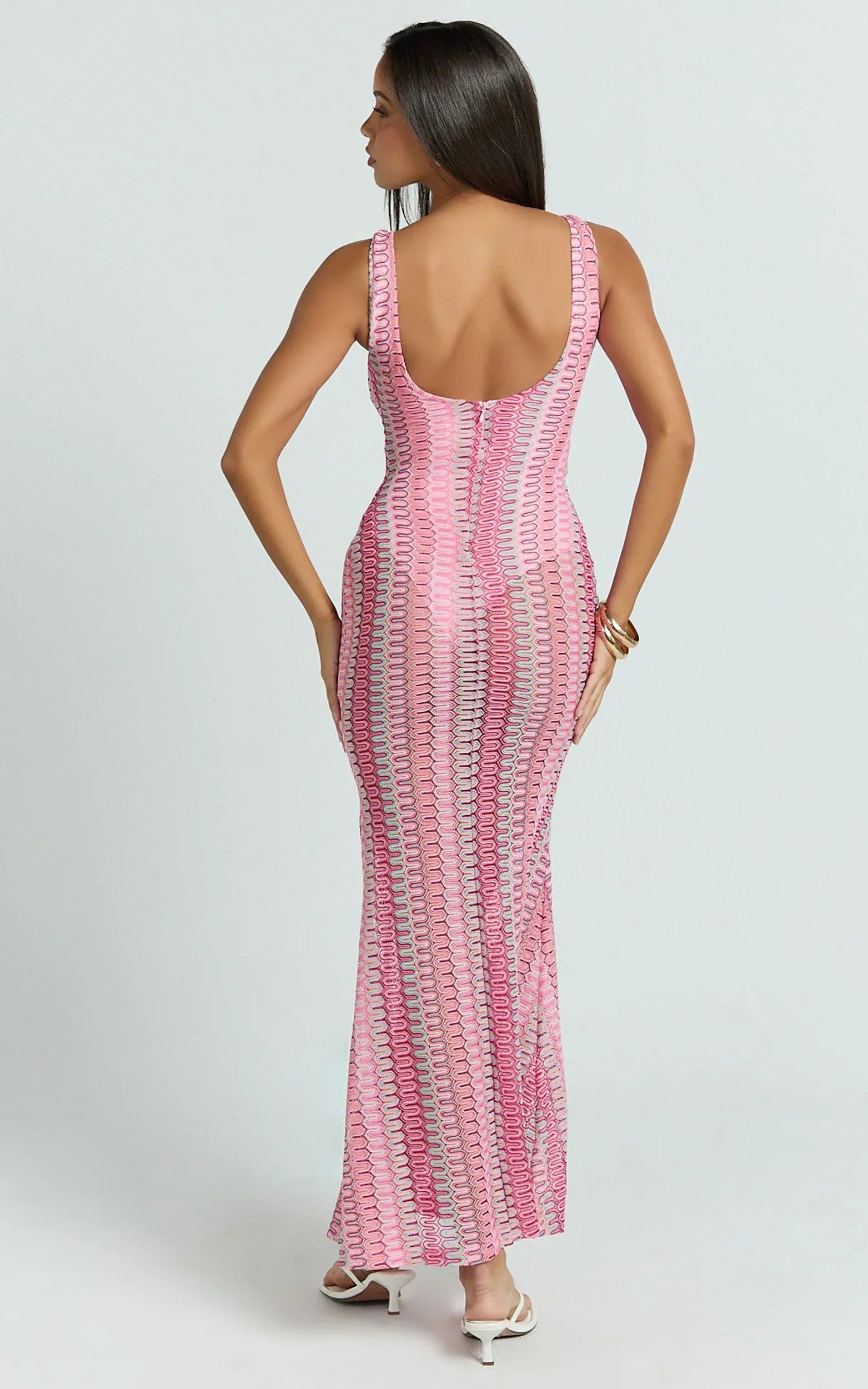 Julia Maxi Dress - Scoop Neck Low Back Bodycon Dress in Bright Pink