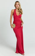 Dixie Maxi Dress - Plunge Halter Low Back Dress in Cherry
