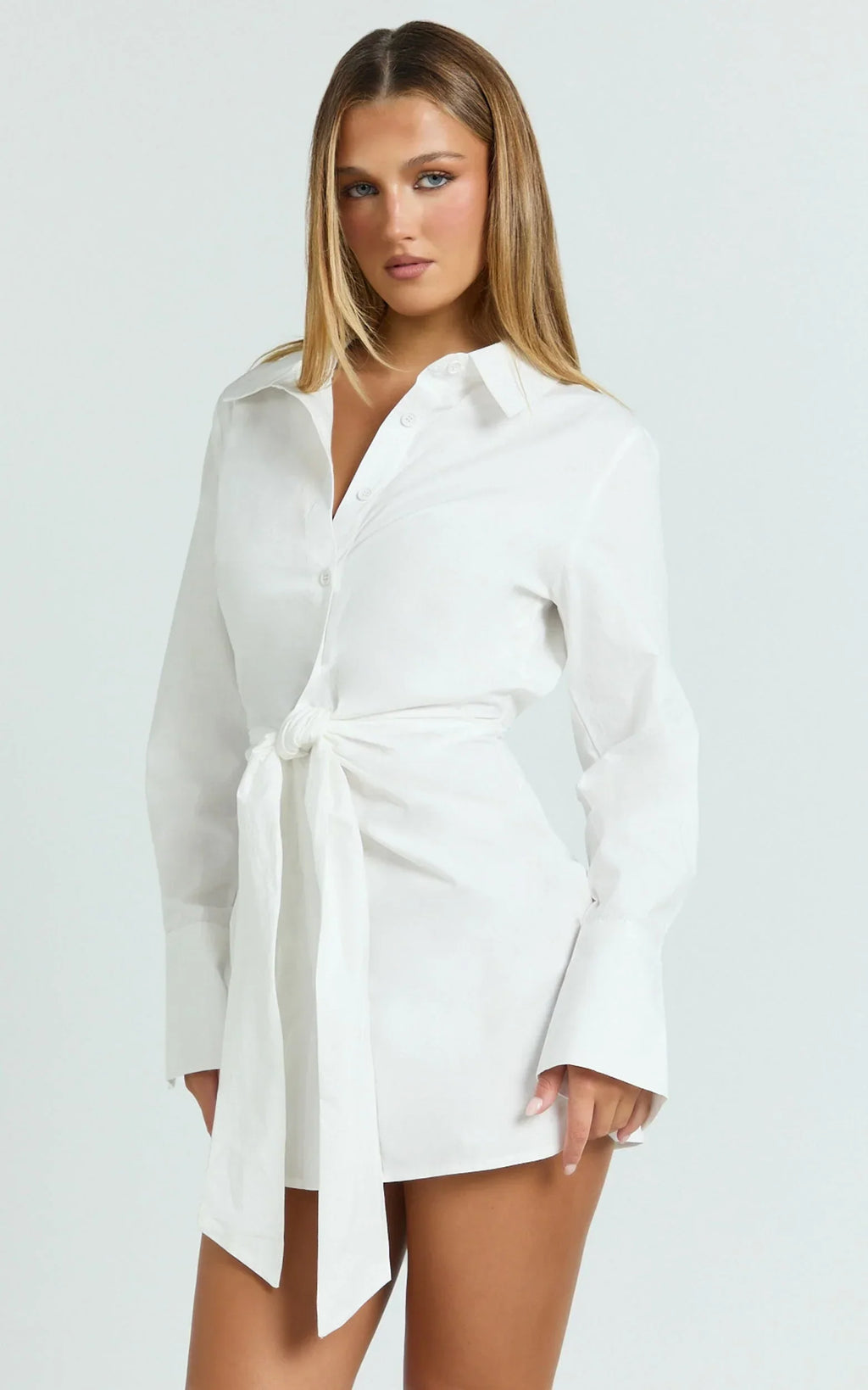 Duncan Mini Dress - Long Sleeve Tie Waist Shirt Dress in White