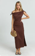 Cincinnati Midi Dress - Off The Shoulder Side Split Column Linen Dress in Chocolate