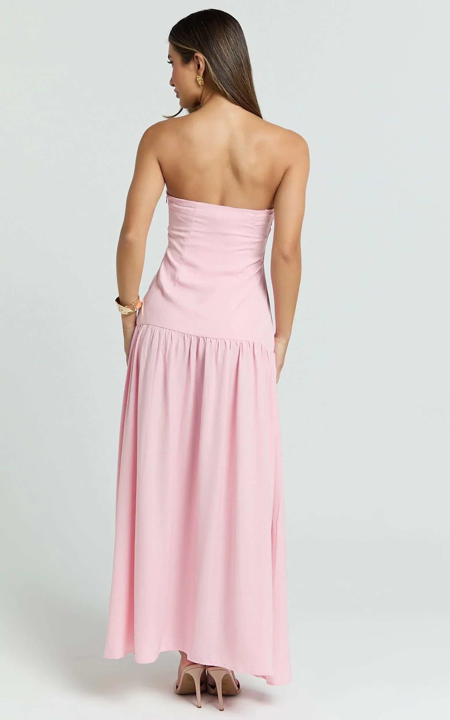 Nadiane Maxi Dress - Strapless Asymmetric Drop Waist Dress in Pink
