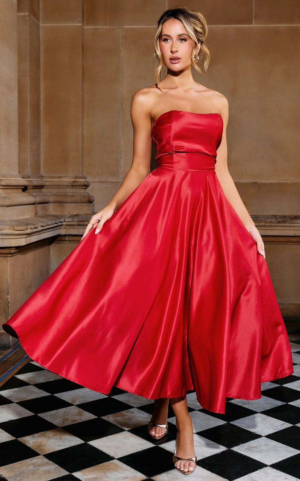 Helaina Midi Dress - Line Satin Dress in Red