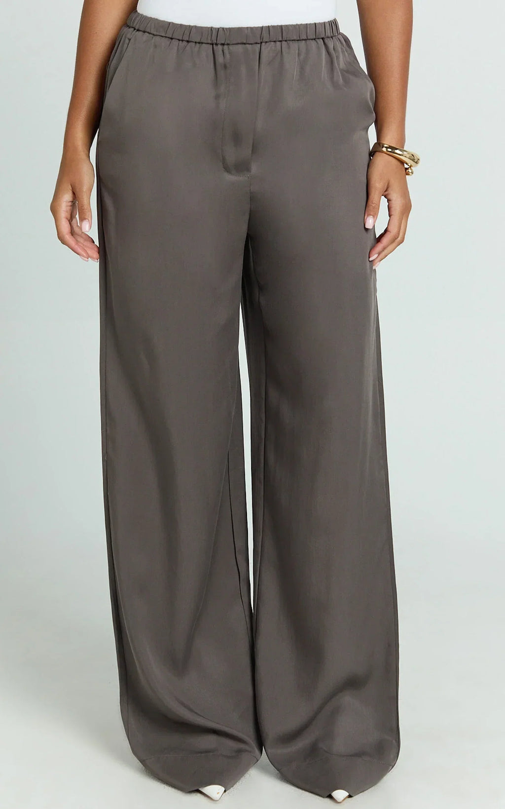 Grace Pants - Low Rise Elasticated Waist Wide Leg Pants in Slate Grey
