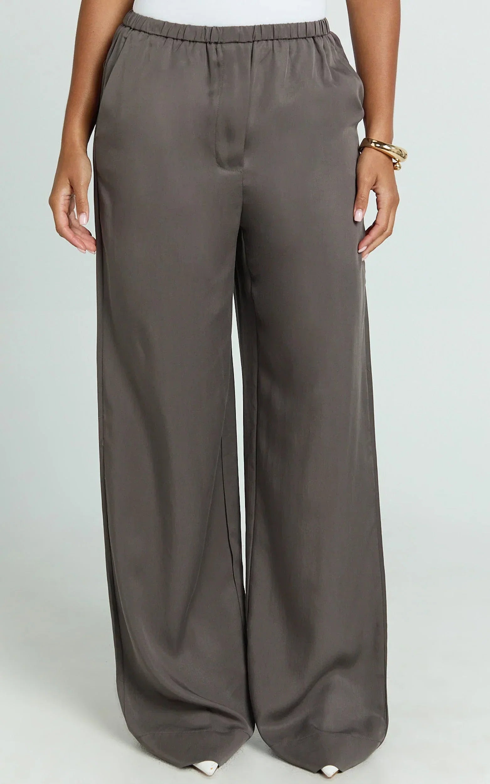 Grace Pants - Low Rise Elasticated Waist Wide Leg Pants in Slate Grey