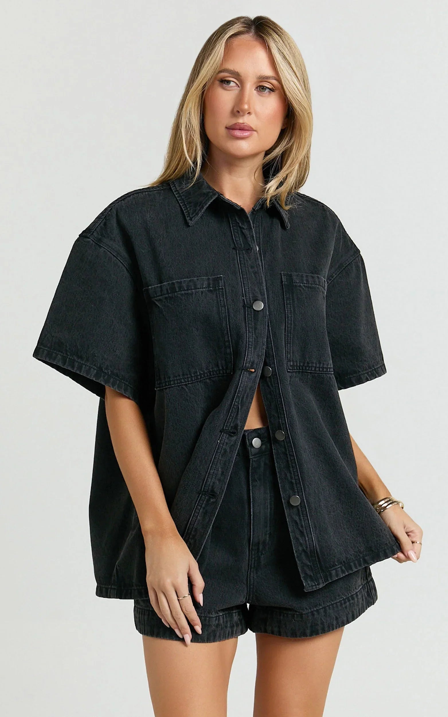 Rhianna Top - Oversized Recycled Denim Short Sleeve Shirt in Washed Black