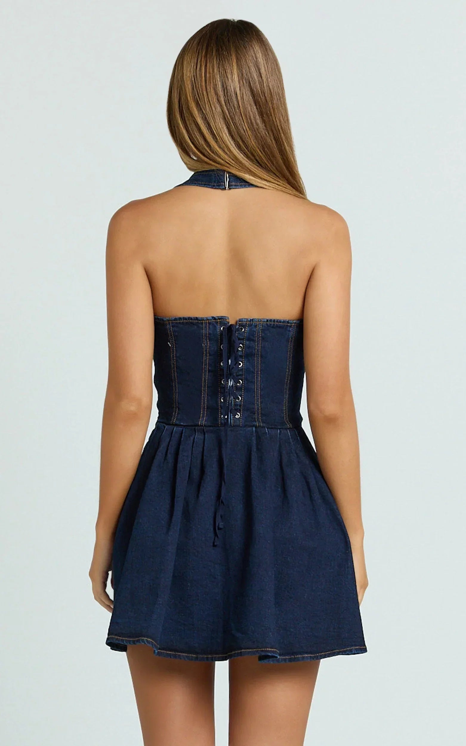 Hayes Mini Dress - Halter Neck Corset Bodice Dress in Dark Blue
