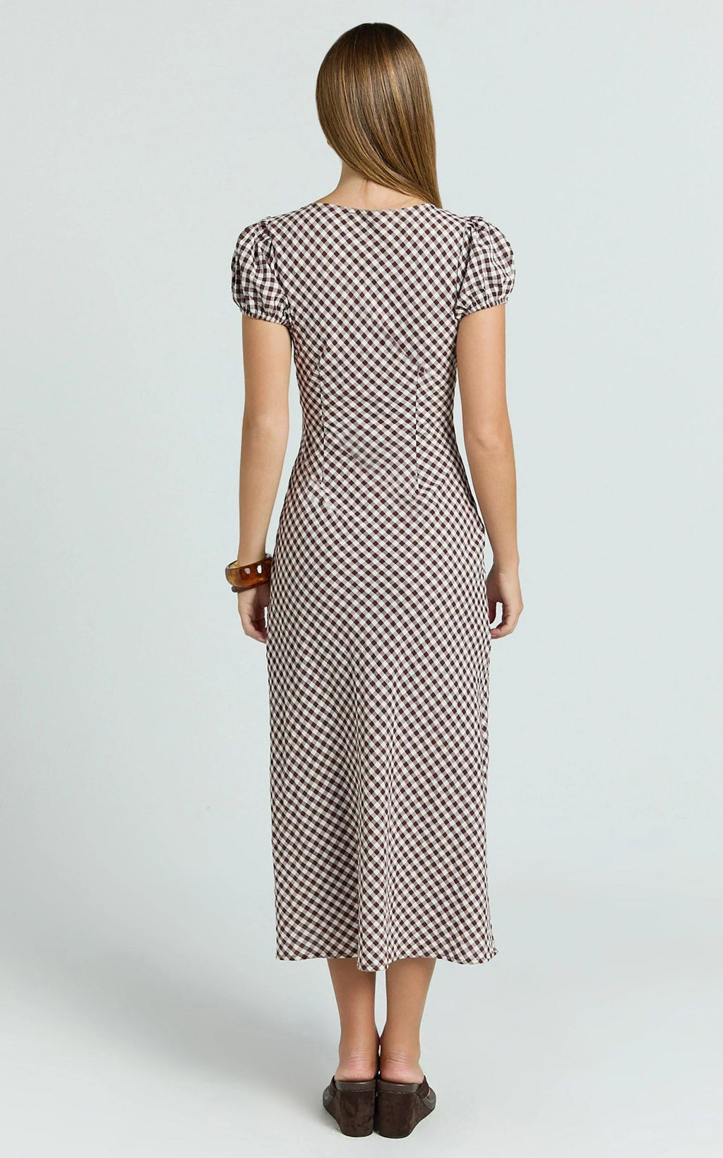 Bernice Midi Dress - Gingham Scoop Neck A Line Dress in Chocolate Gingham