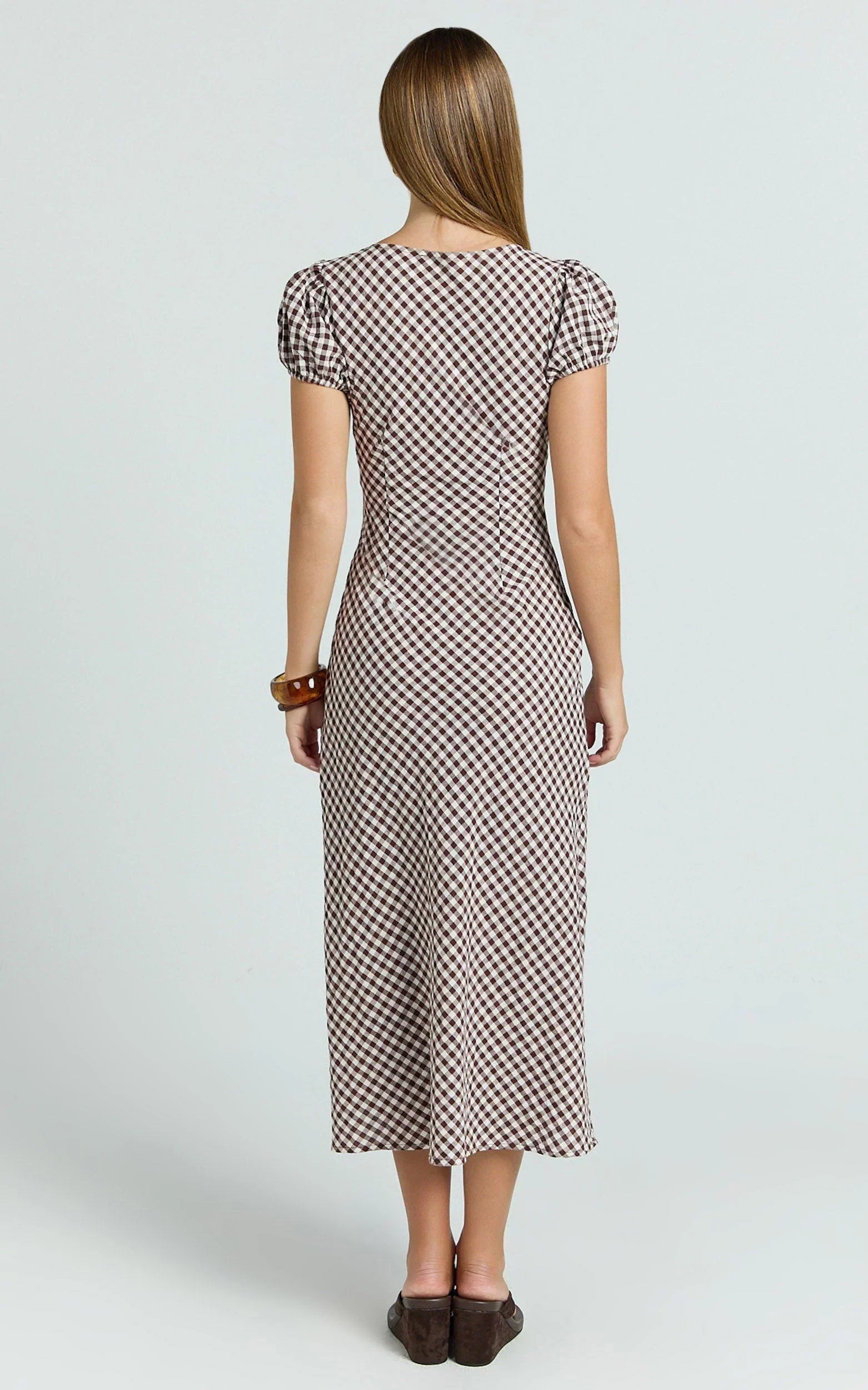 Bernice Midi Dress - Gingham Scoop Neck A Line Dress in Chocolate Gingham