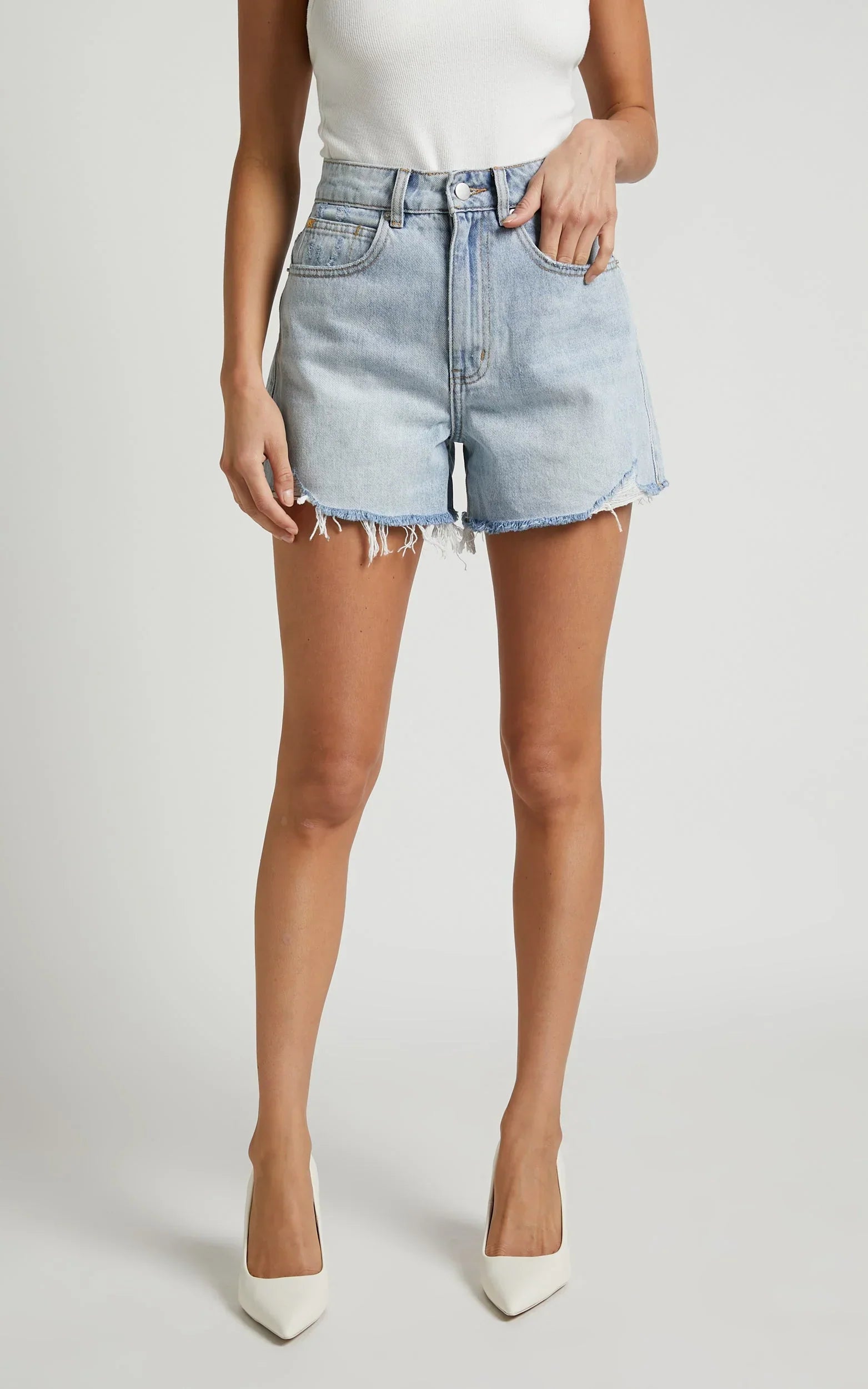 Eloisa Shorts - Recycled Cotton Raw Hem Denim Shorts in Mid Blue Wash