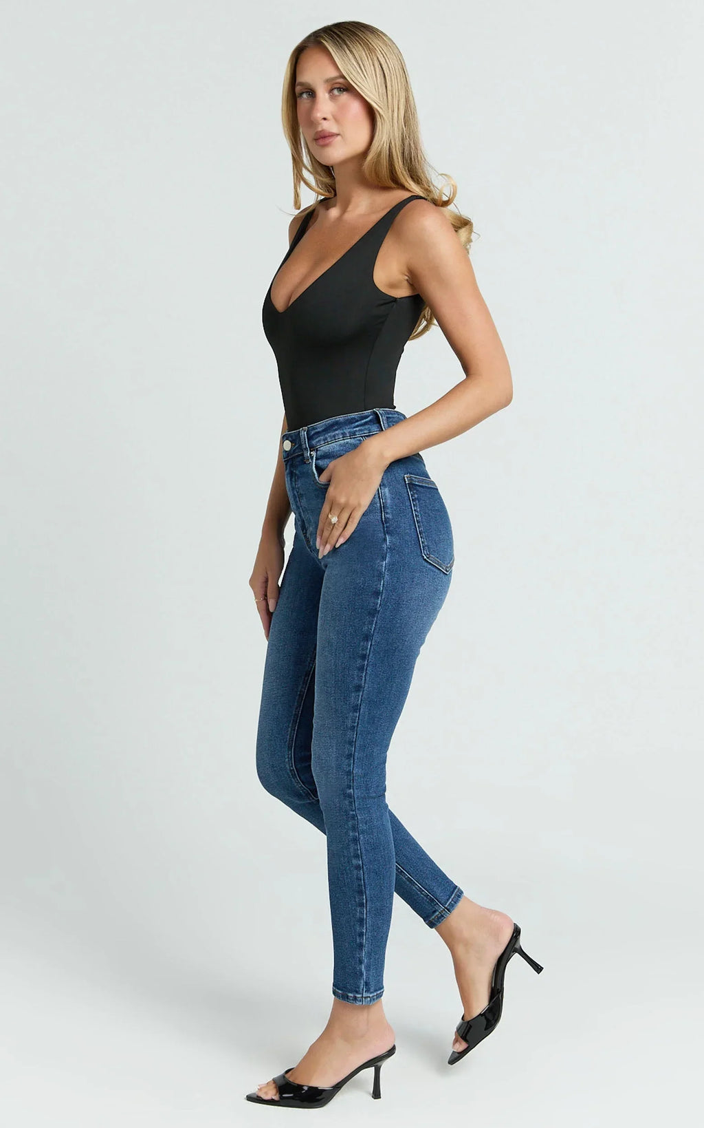 Duffy Jeans - High Waisted Super Stretch Skinny Denim Jeans in Dark Blue Wash