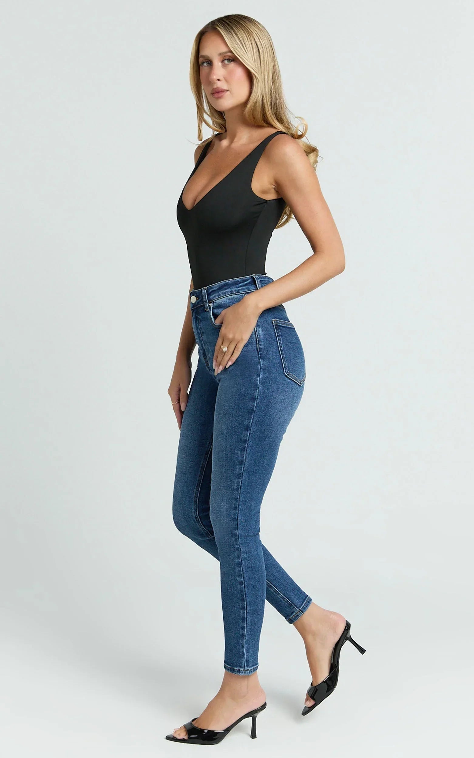 Duffy Jeans - High Waisted Super Stretch Skinny Denim Jeans in Dark Blue Wash
