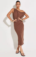 Jacqueline Midi Dress - Linen One Shoulder Dress in Chocolate