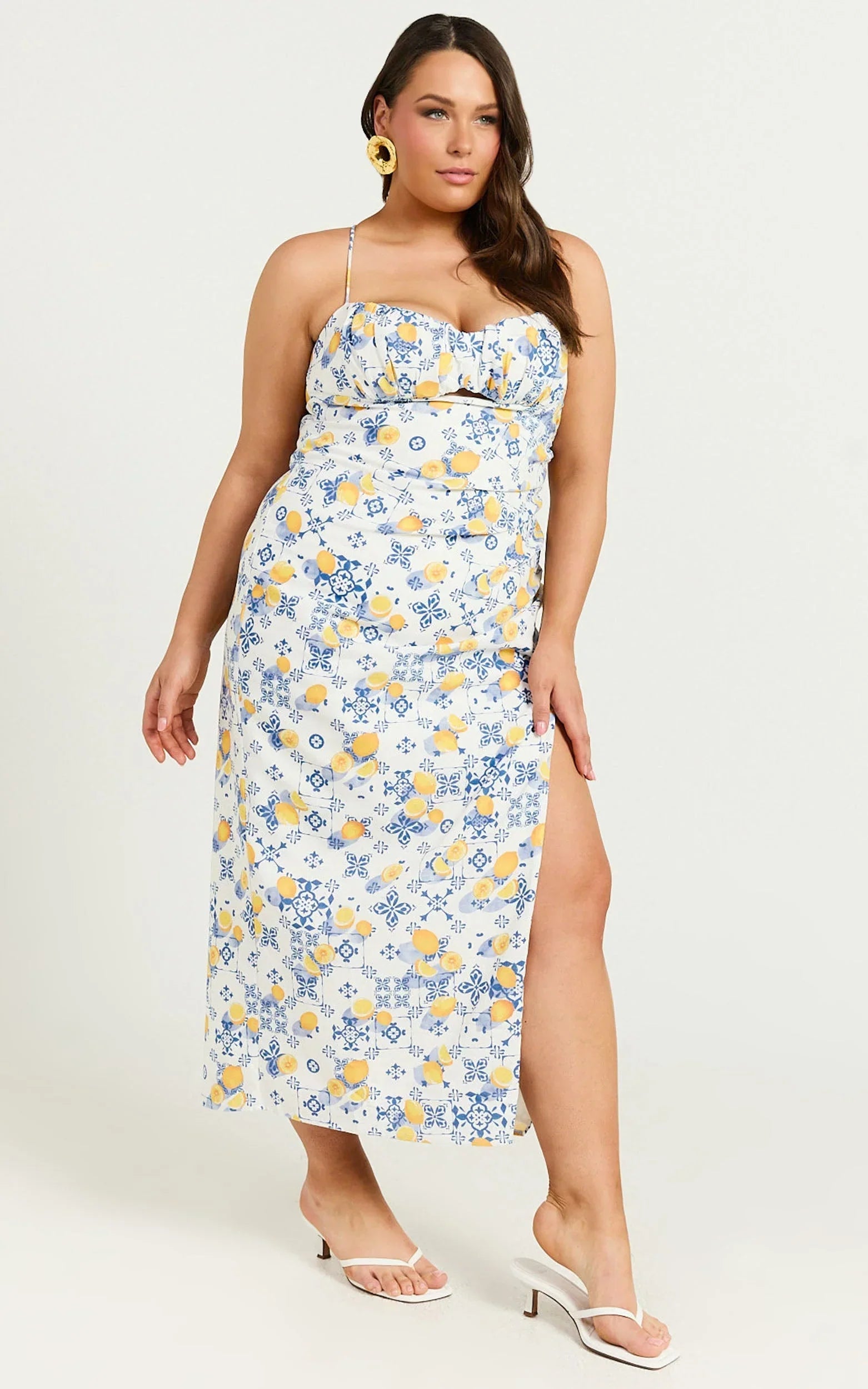Frederica Midi Linen Blend Dress - Gathered Sweetheart Tie Back Front Split Dress in Limoncello Tile