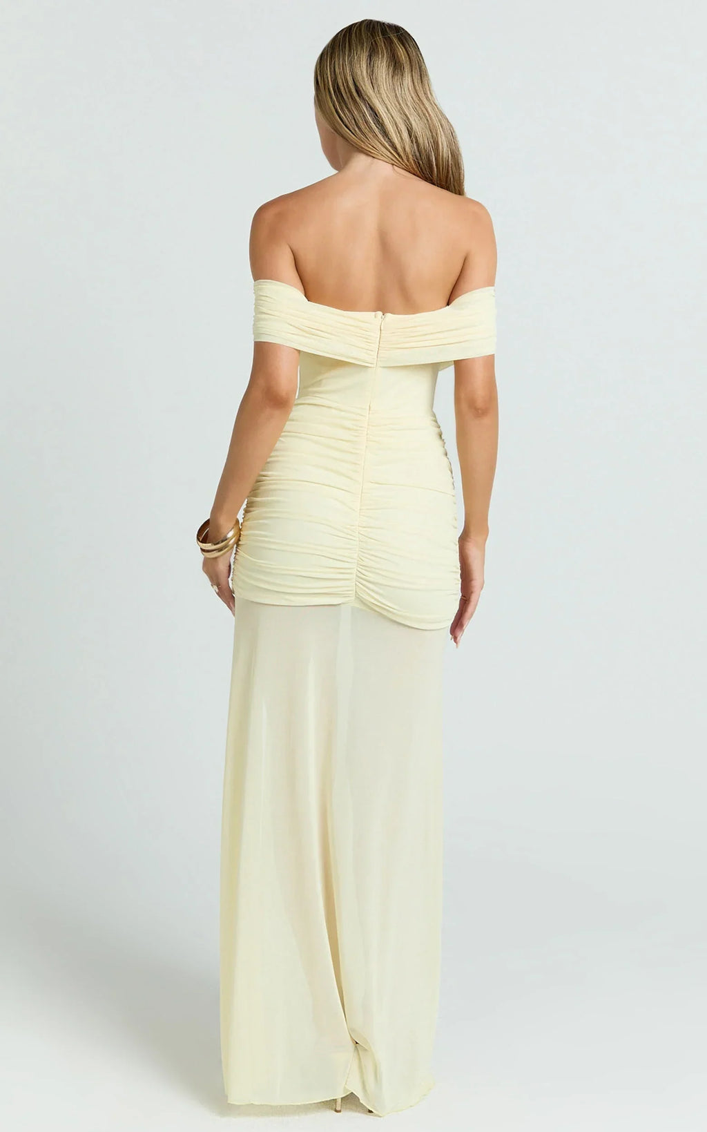 Leticia Maxi Dress - Mesh Off Shoulder Ruched High Split Dress in Lemon
