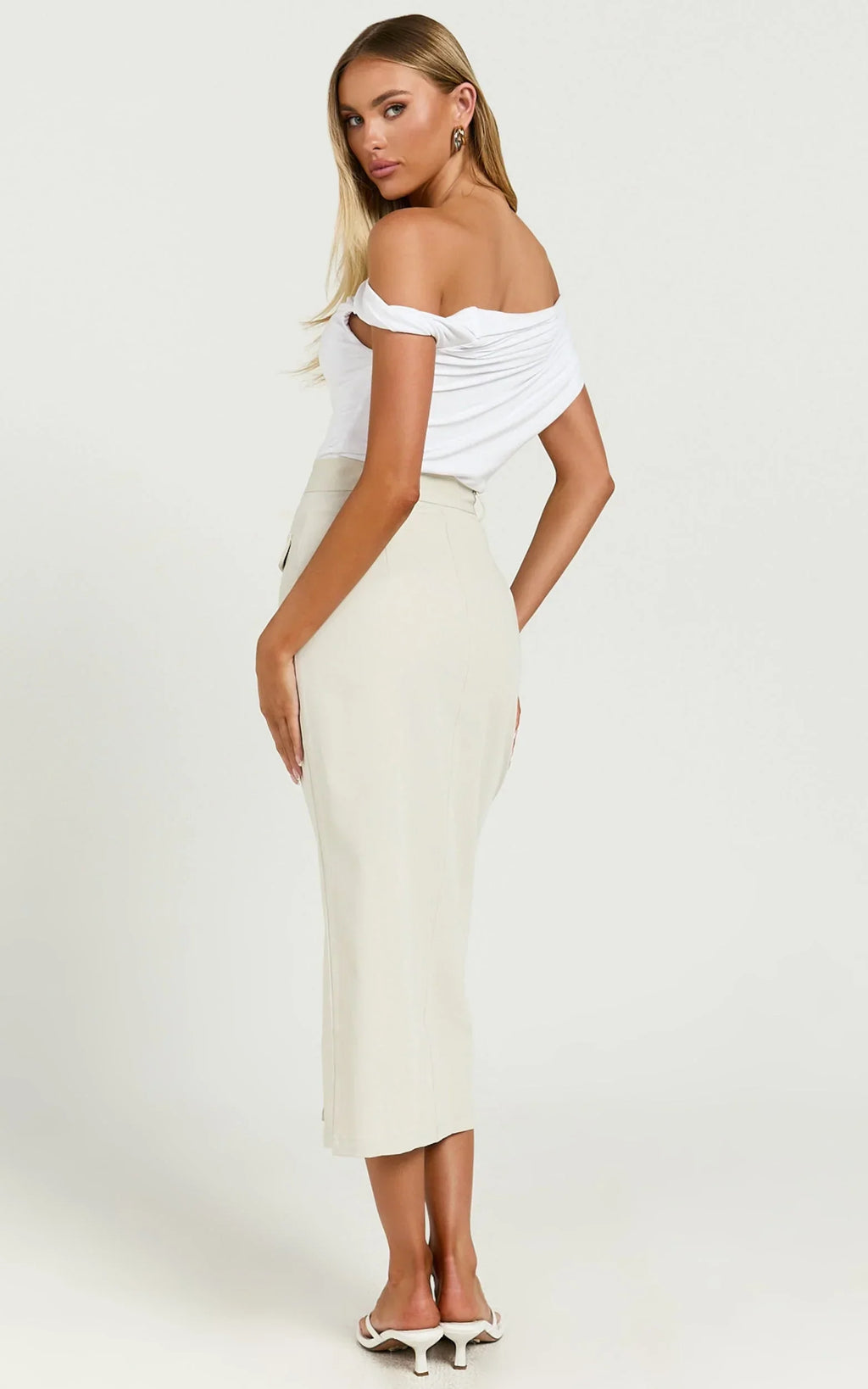 Brylee Midi Skirt - High Waisted Front Split Skirt in Stone