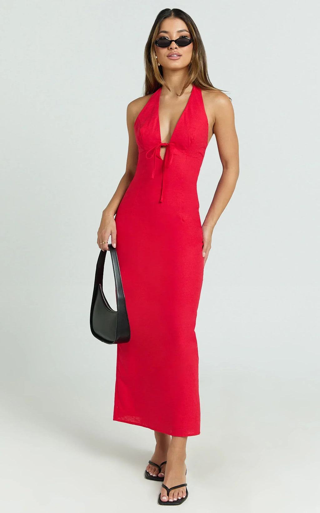Arlette Midi Dress - Strappy V Neck Under Bust Gathered Tie Front Bias Slip Skirt Dress in Red