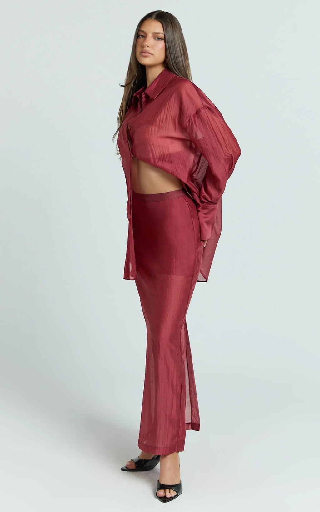 Amalia Midi Skirt - Sheer Ankle Length Pencil Skirt in Cherry