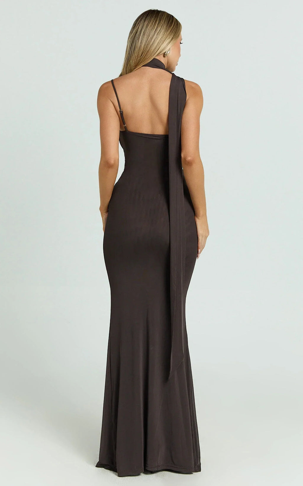 Larson Maxi Dress - Asymmetric Tie Neck Column Dress in Chocolate