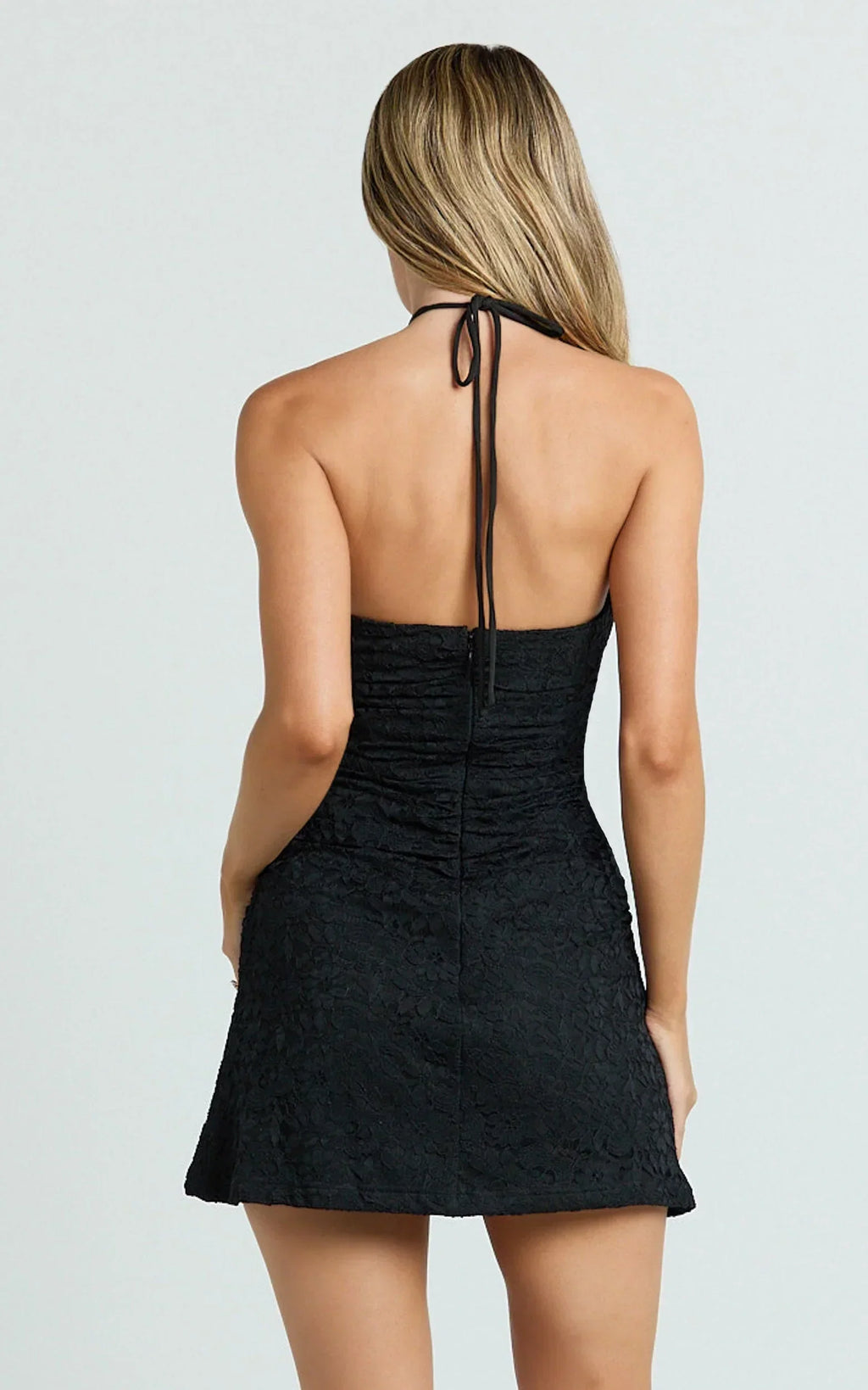 Andrea Mini Dress - Lace Halter A Line Dress in Black