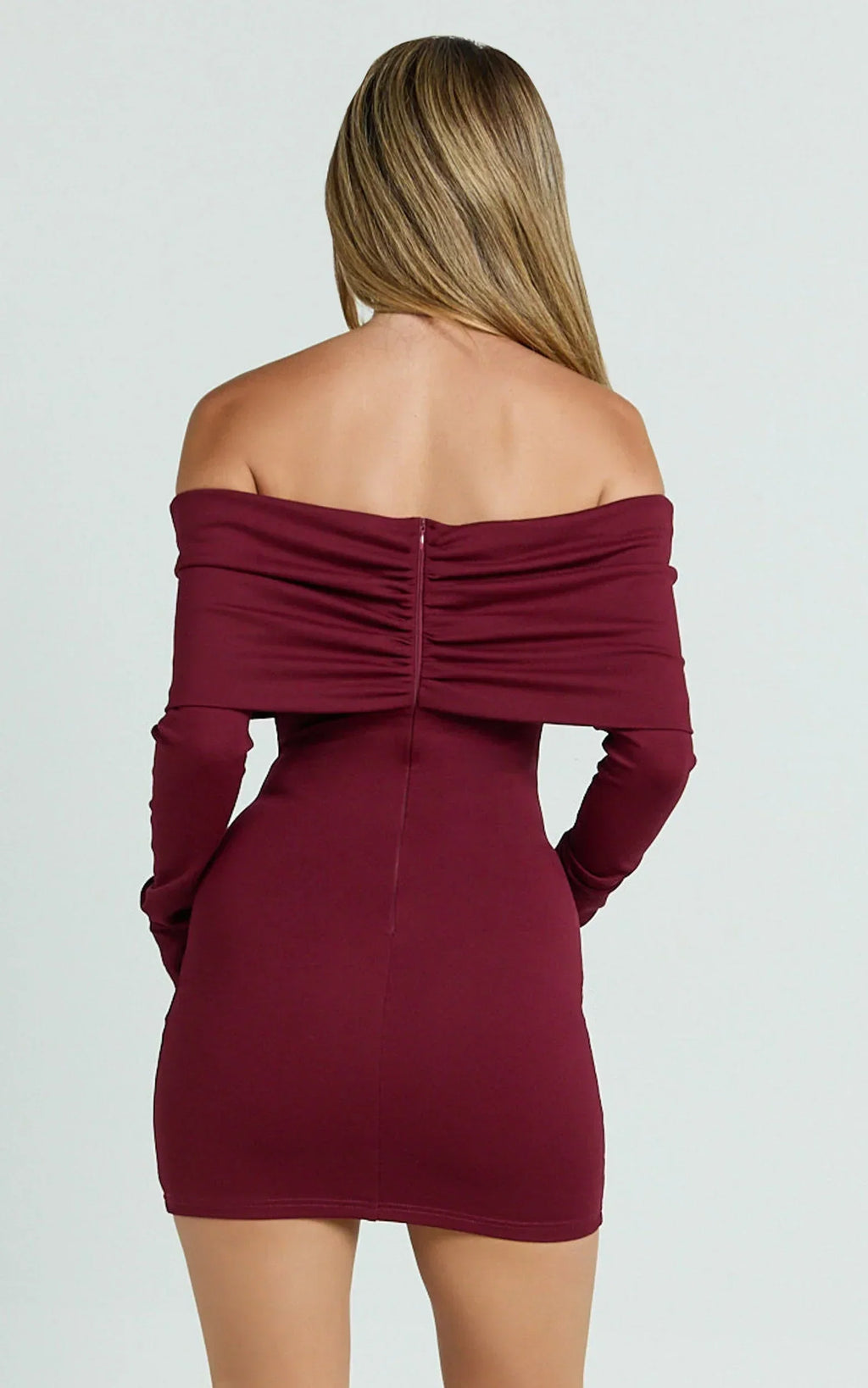 Rani Mini Dress - Off Shoulder Long Sleeve Bodycon Dress in Wine