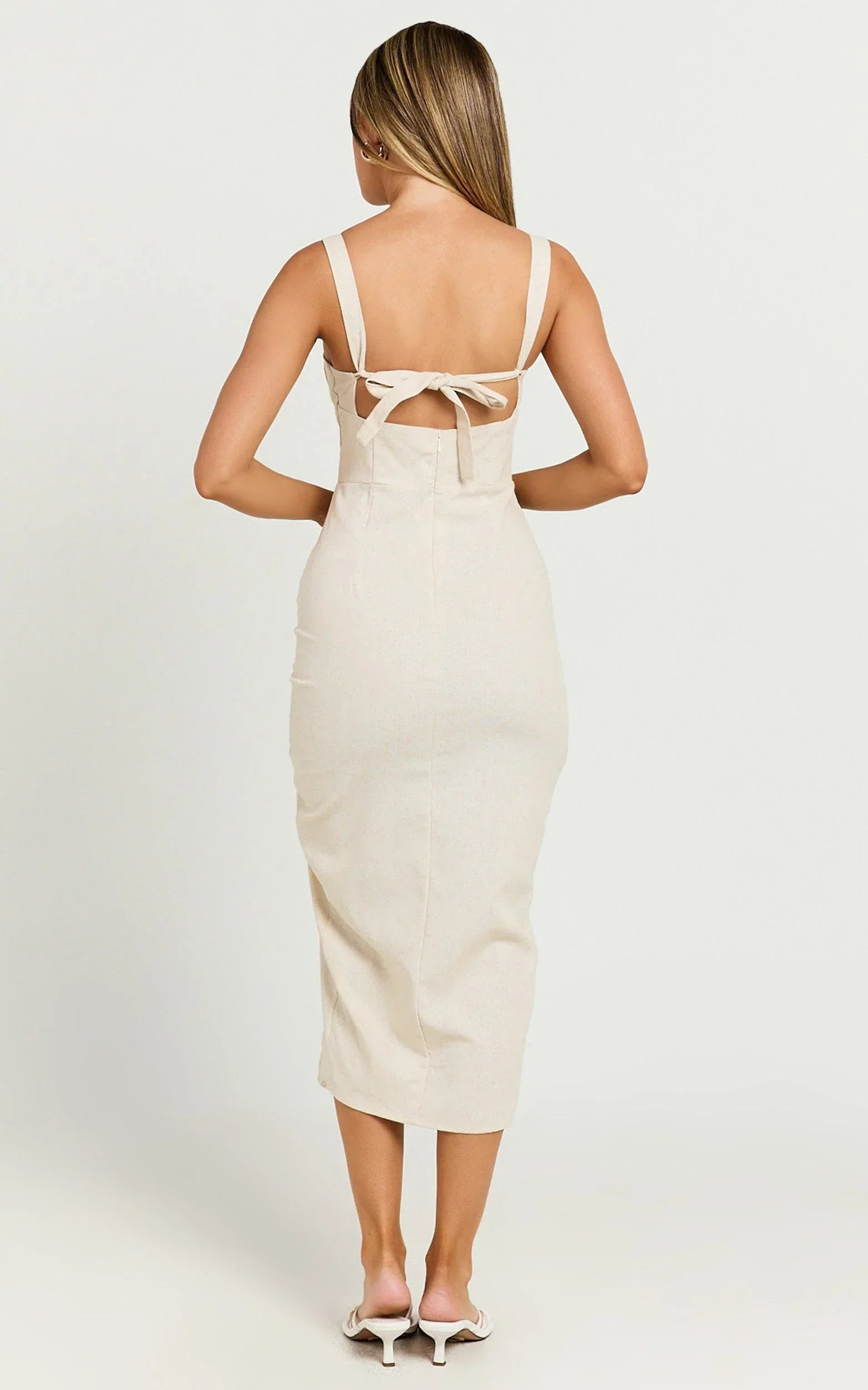 Griffin Midi Linen Blend Dress - Embroidered Tie Back Ruched Dress in Oatmeal