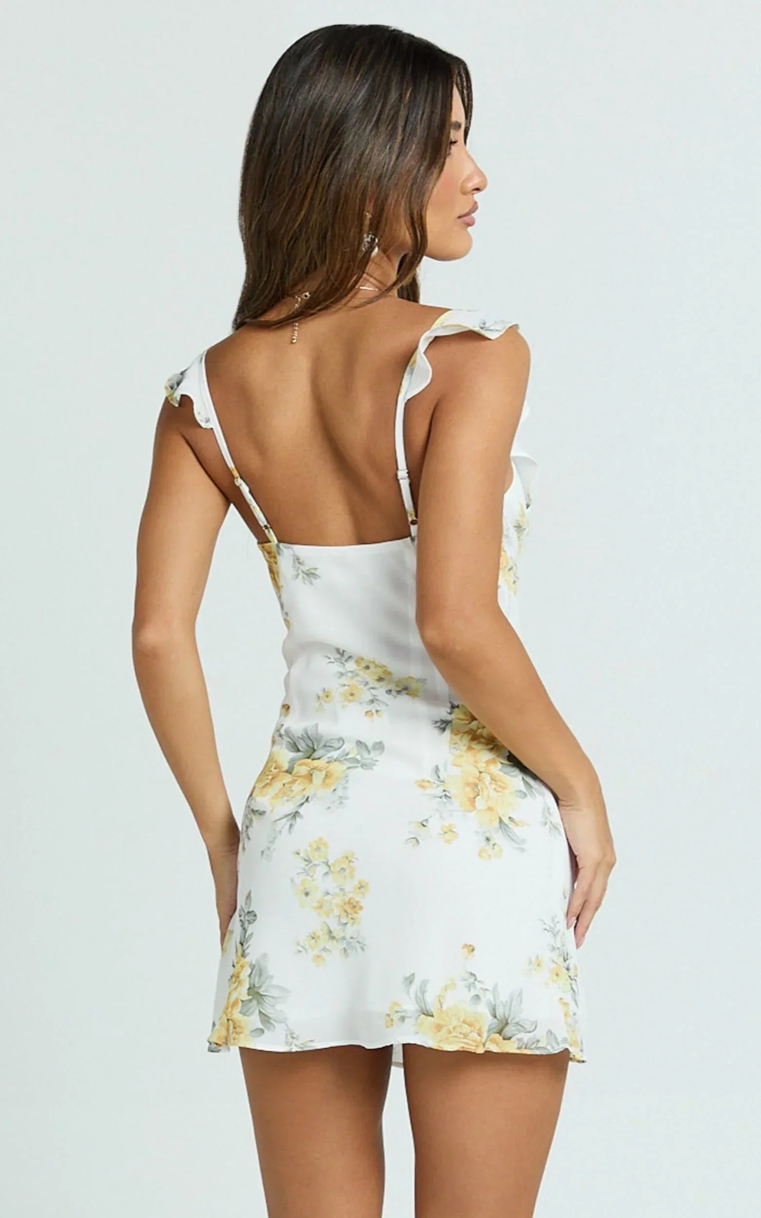 Azra Mini Dress - Georgette Frill Shoulder Sweetheart A Line Dress in Antique Florals