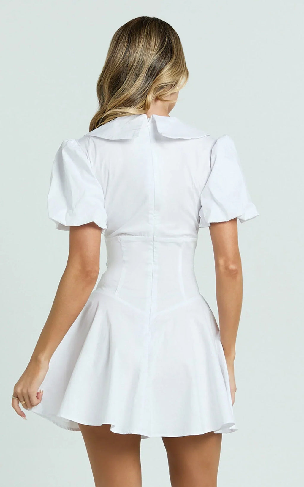 Lucy Mini Dress - Deep V Oversized  Collar Puff Sleeve A Line Dress in White