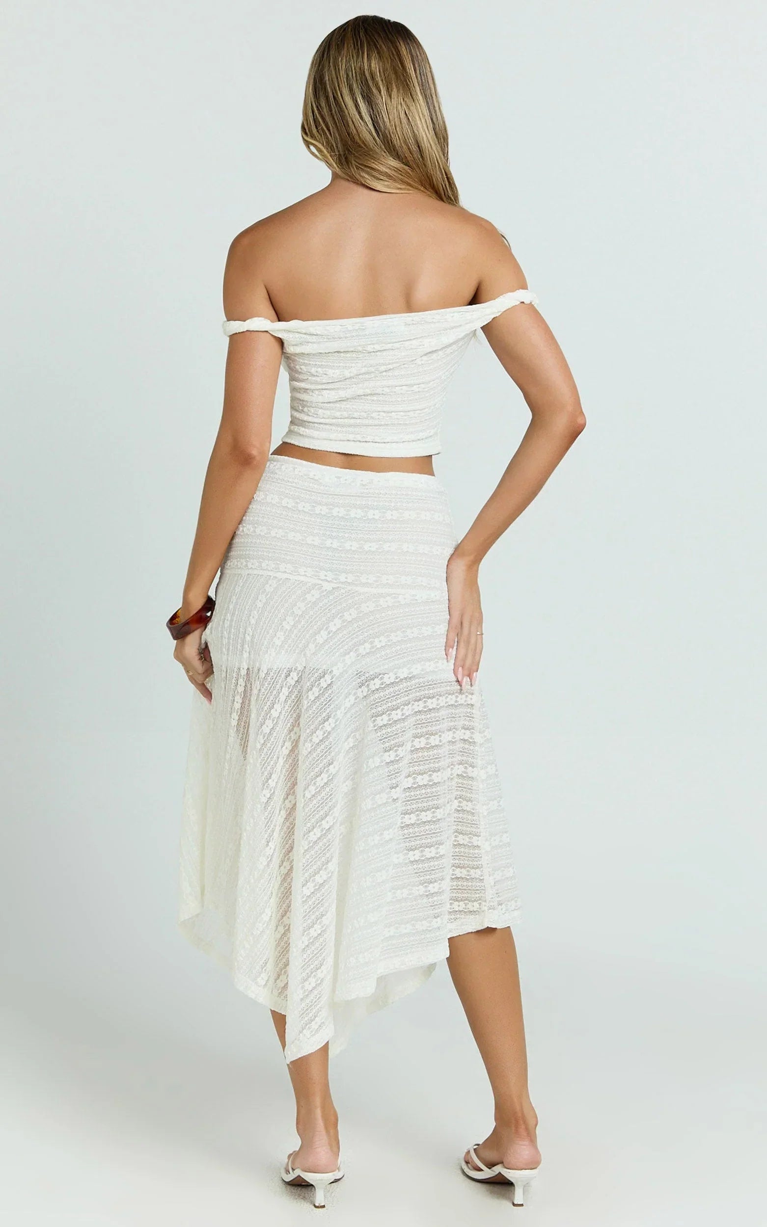Hayden Midi Skirt - Low Waisted Asymmetrical Lace Midi Skirt in White