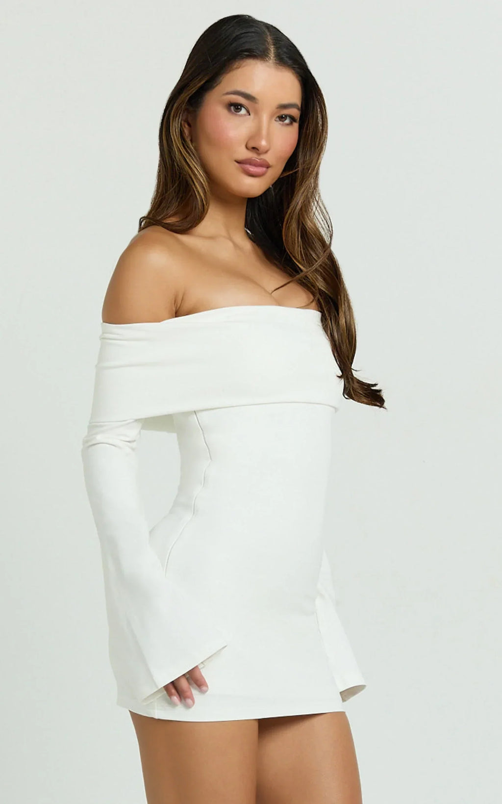 Esme Mini Dress - Off Shoulder Wide Sleeve Fitted Skirt Dress in Off White
