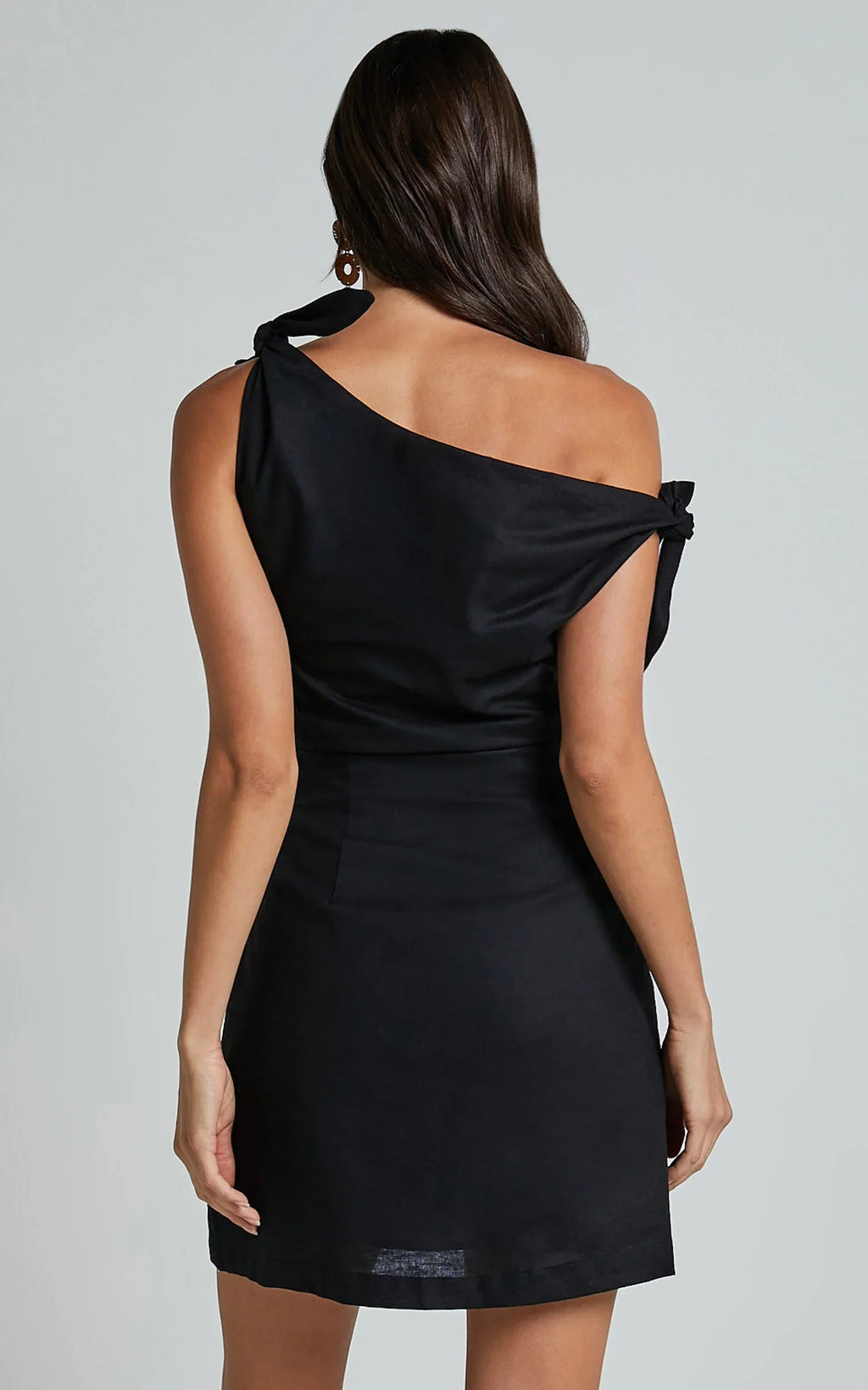 Jeofina Mini Dress - Off The Shoulder Linen Look Dress in Black