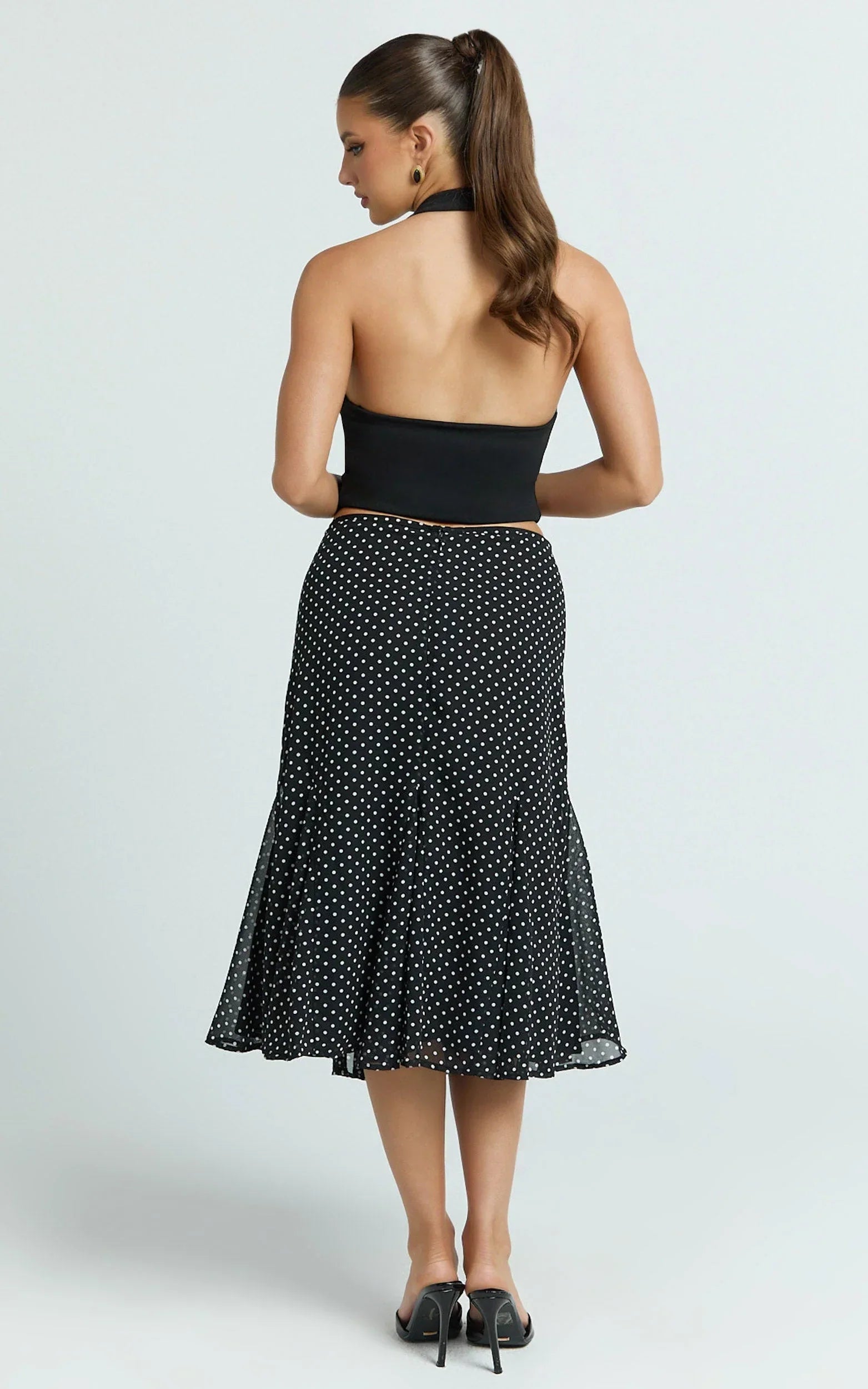 Charlie Midi Skirt - Polka Dot Low Waist Godet Skirt in Black