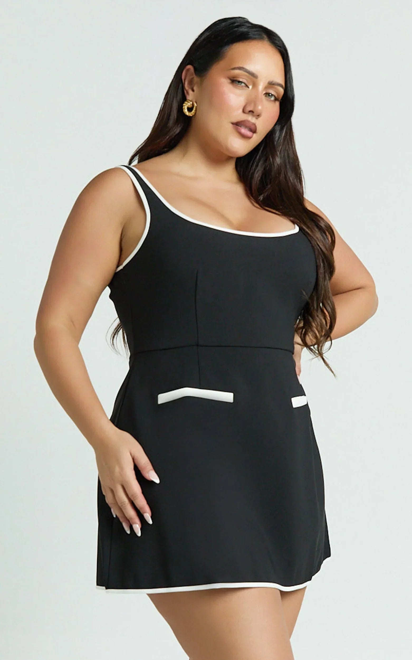 Pauline Mini Dress - Contrast Square Neck Fit and Flare Dress in Black