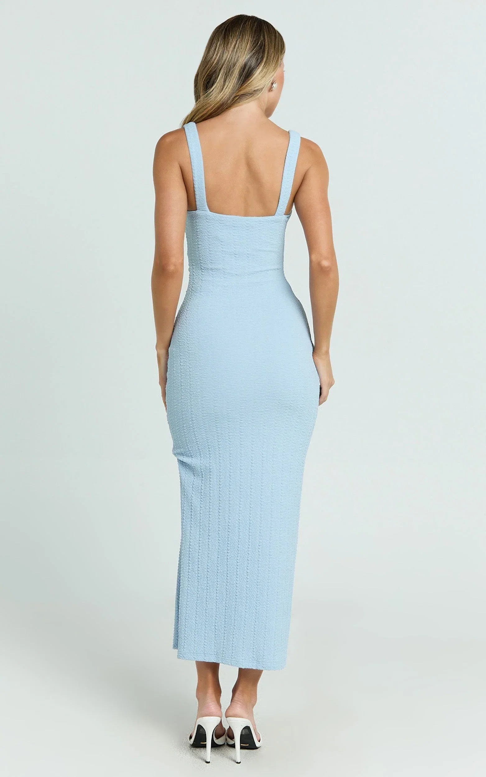 Bianca Midi Dress - Twist Front Cut Out Ruched Dress in Baby Blue