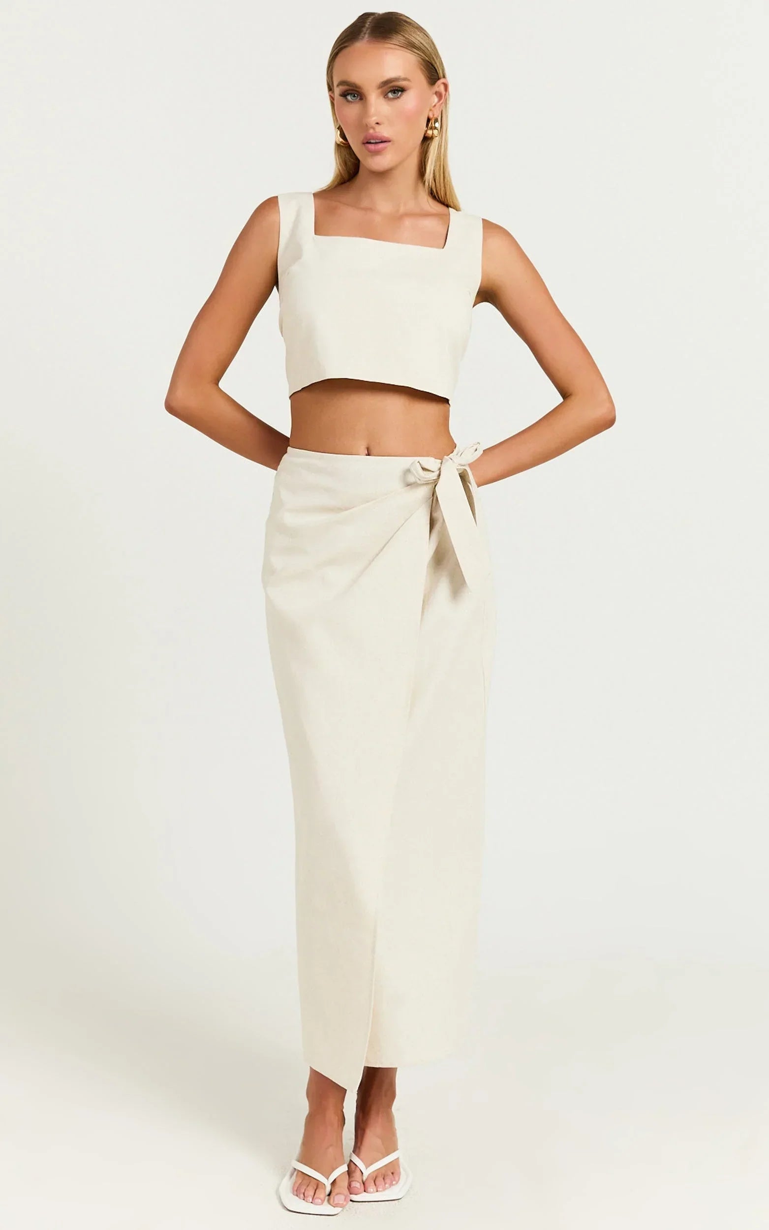 Genna Midi Skirt - Linen Look Wrap Skirt in Natural