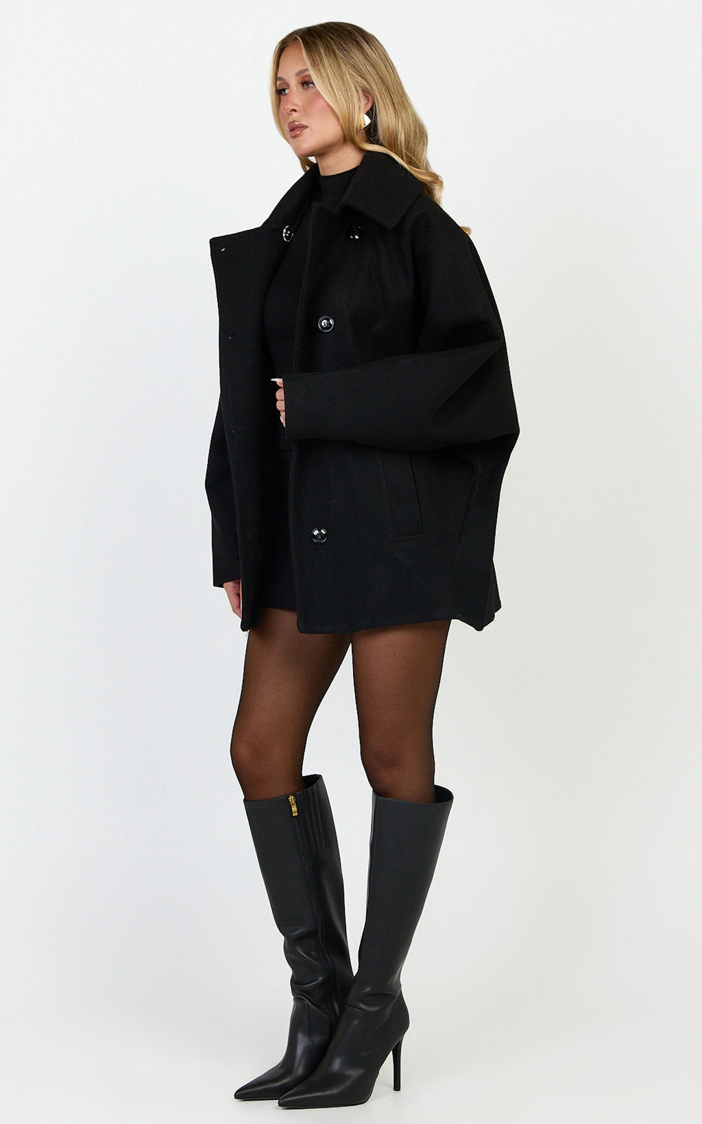Rina Coat - Oversized Three Button Front Closure Coat in Black