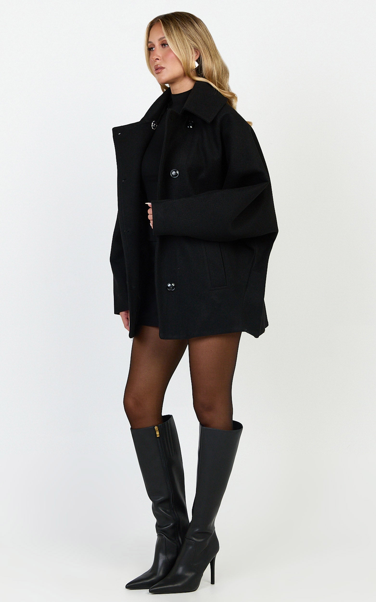 Rina Coat - Oversized Three Button Front Closure Coat in Black