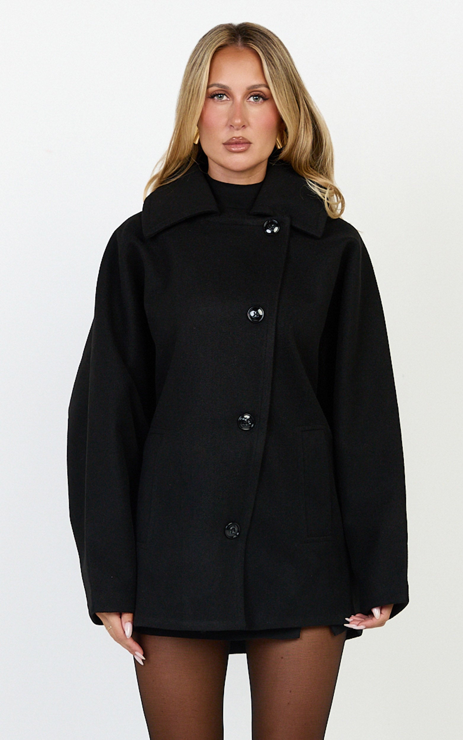 Rina Coat - Oversized Three Button Front Closure Coat in Black