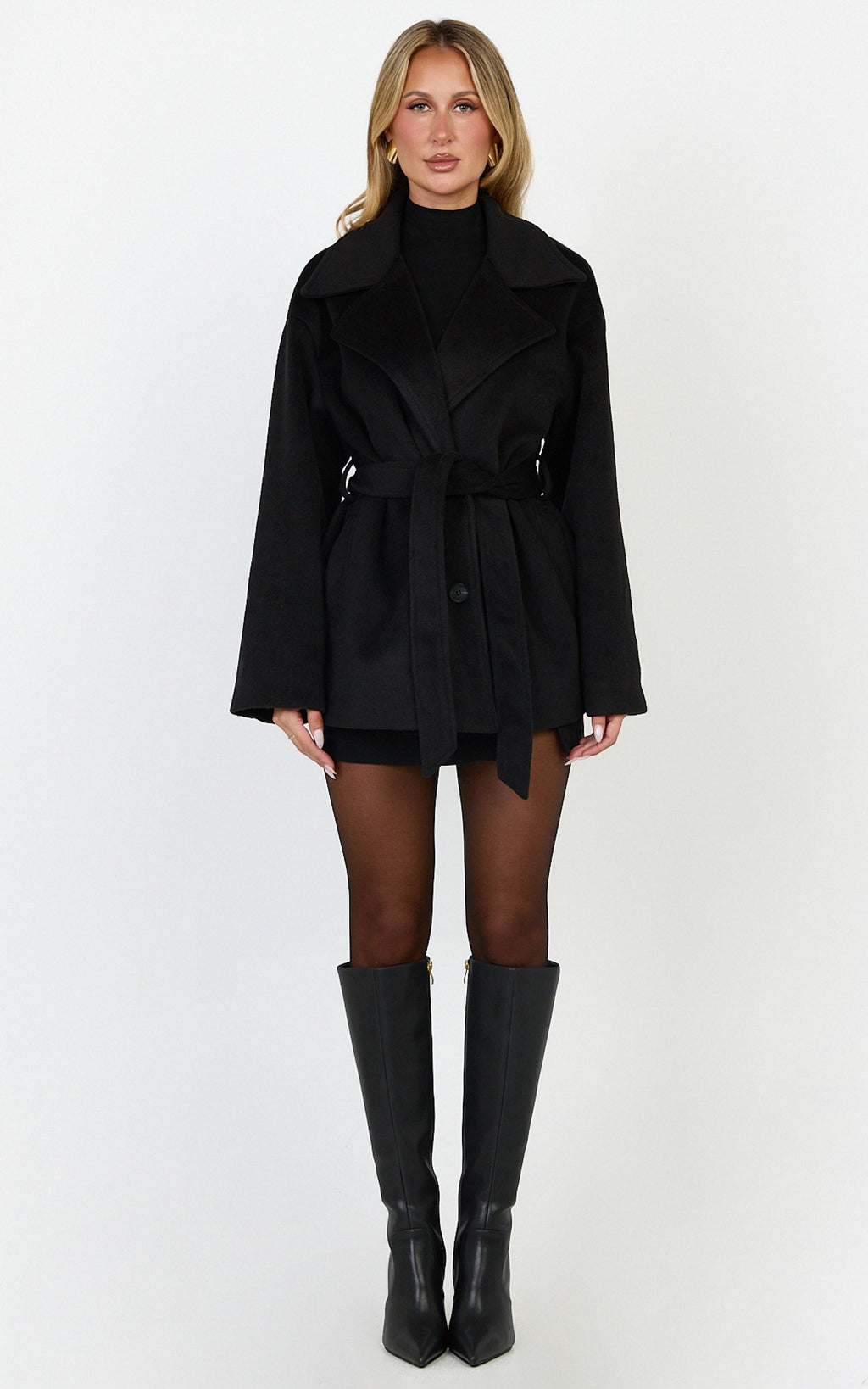Dahlia Coat - Single Breasted Belted Short Wool Like Coat in Black